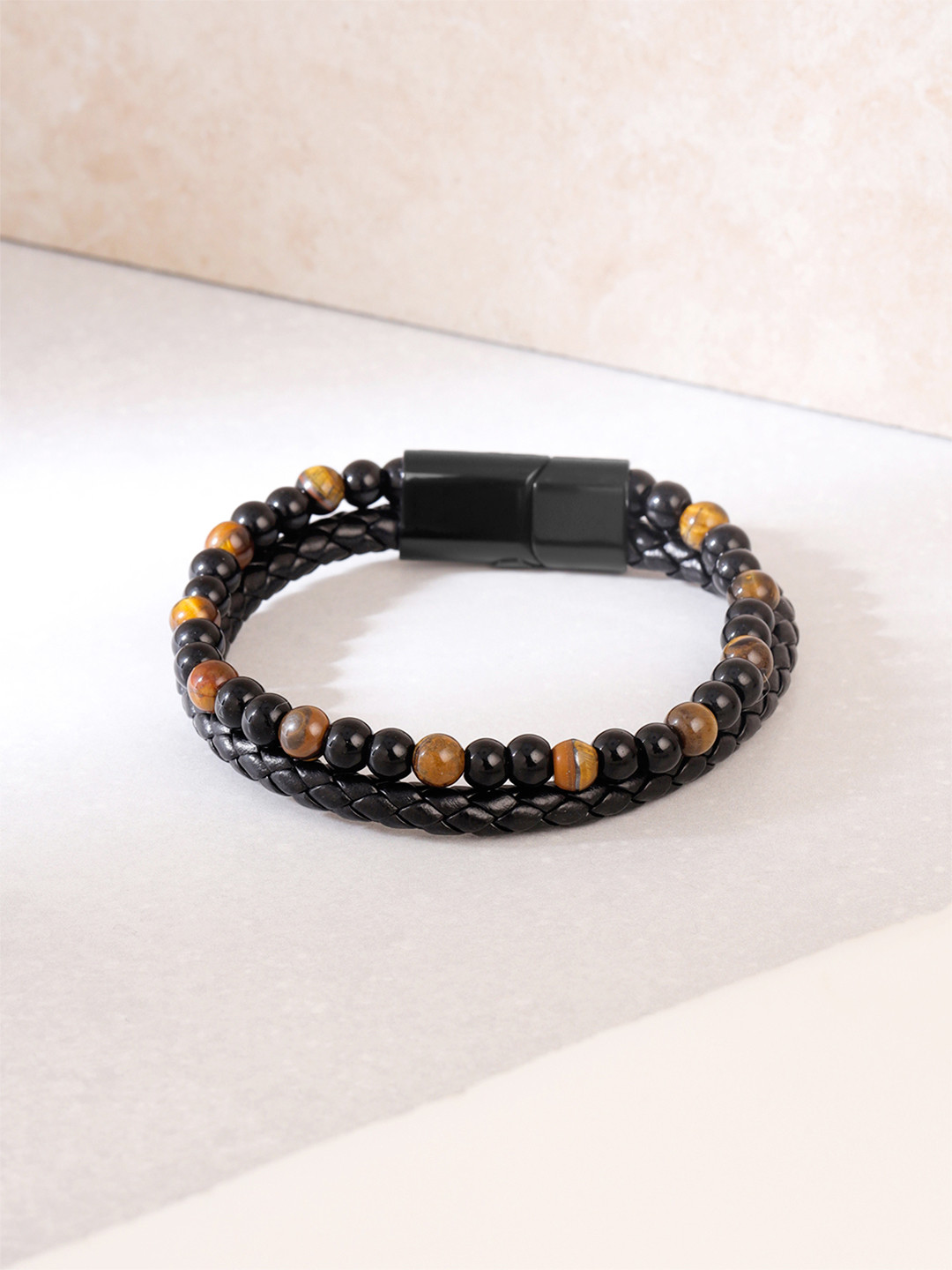 Yellow Chimes Men Black & Orange Beaded Stretchable Bracelet