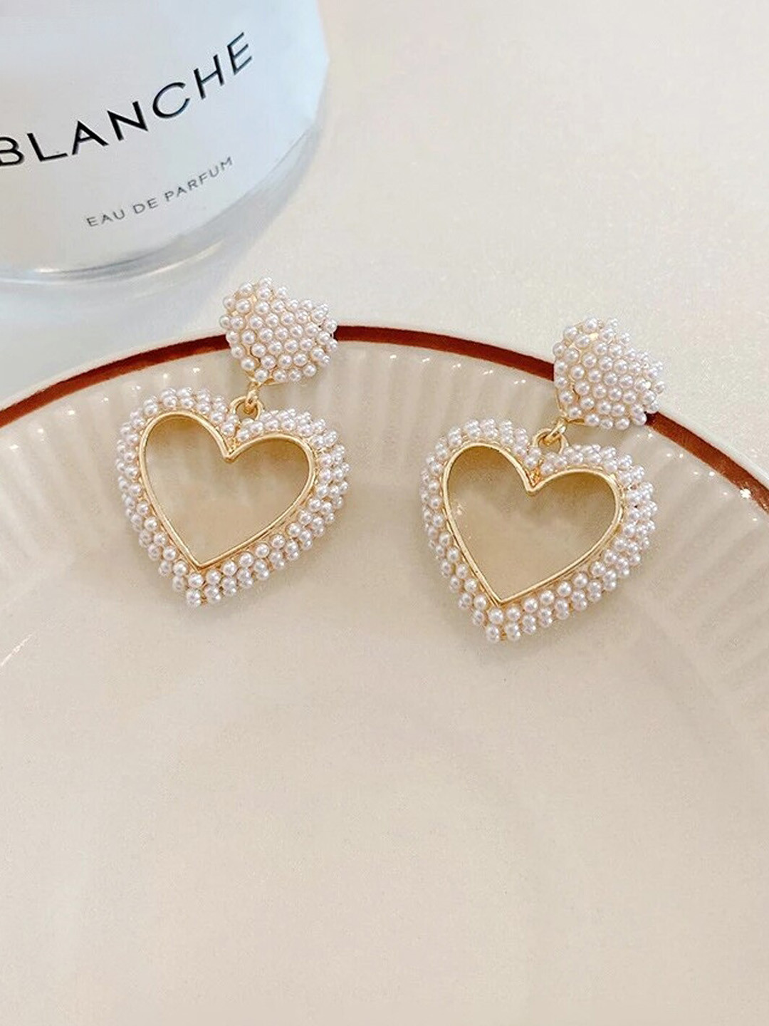 Yellow Chimes Gold-Toned Contemporary Crystal Heart Shape Drop Earrings