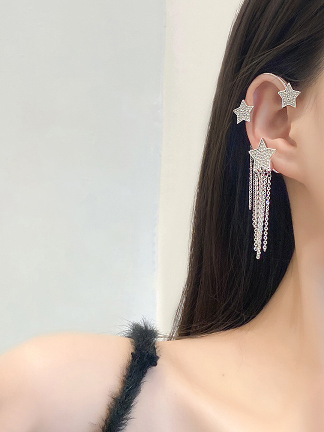 Yellow Chimes Silver-Toned Star Designed With Chain Clip On Ear Cuff Earring