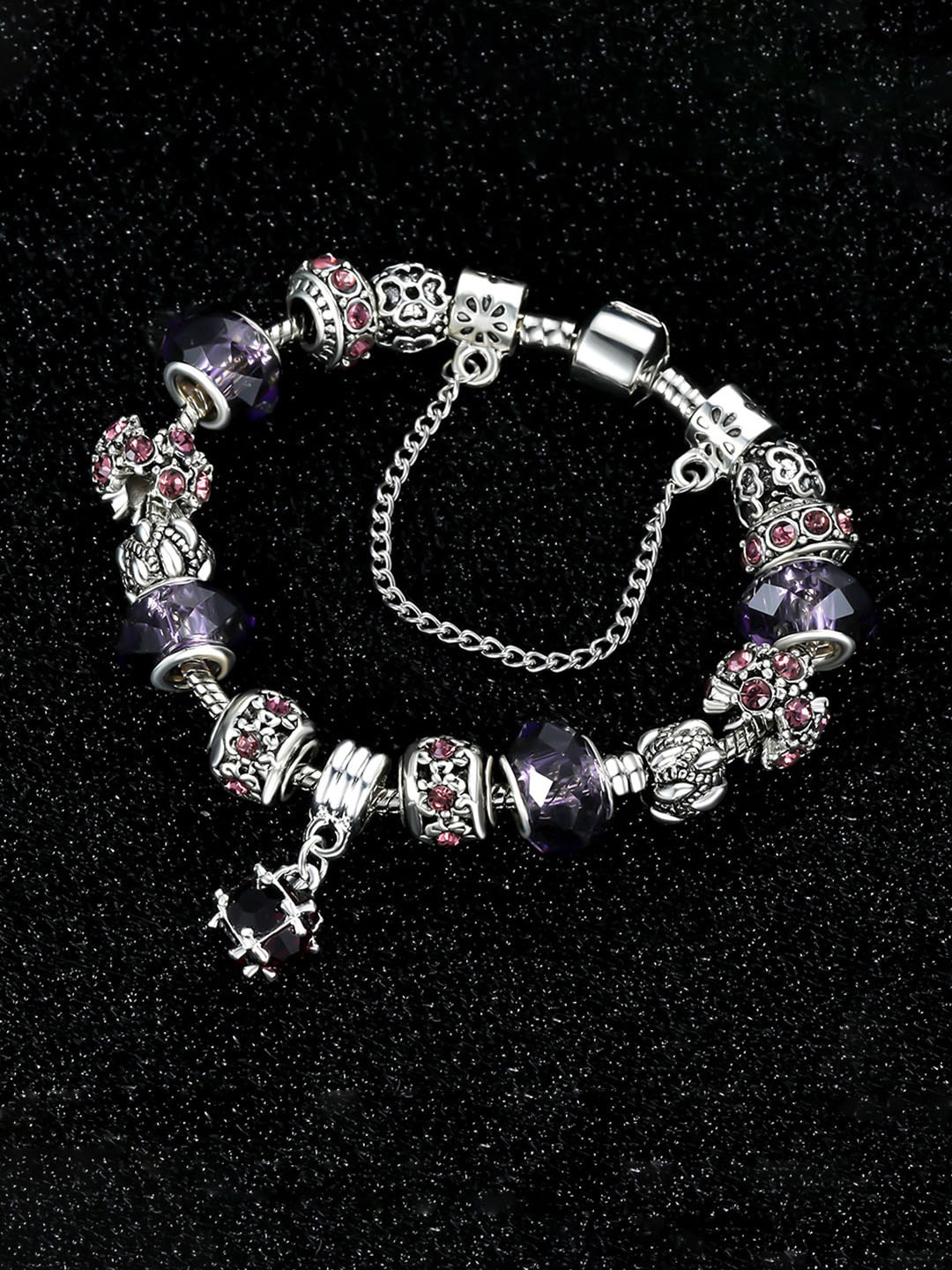 Yellow Chimes Vistelle Silver Toned Purple Crystal Studded Charm Hanging Bracelet