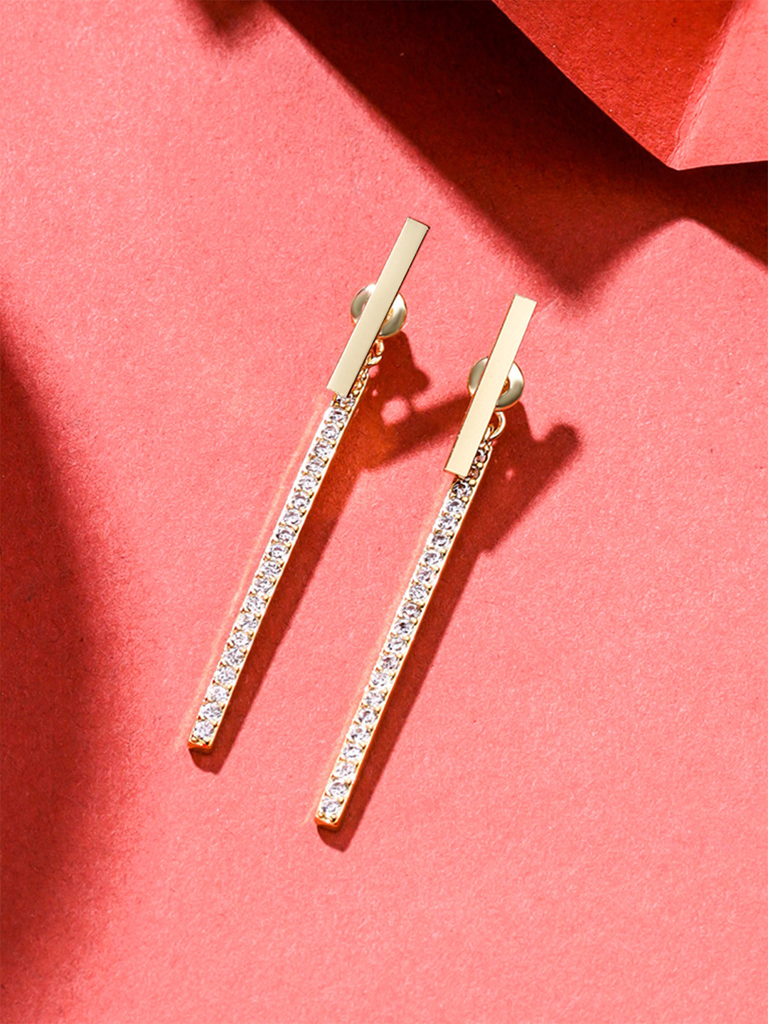 Yellow Chimes Gold Tone Stud With Linear Crystal Studded Chain Back Drop Earrings