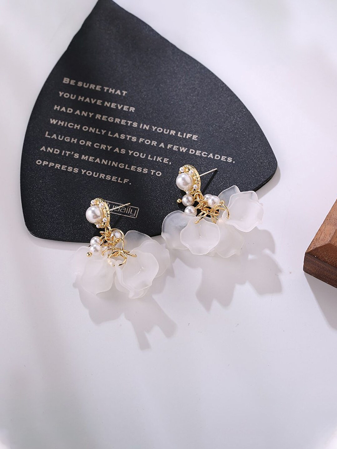 Yellow Chimes White Gold Tone Pearl Studded Leaflet Designed Drop Earrings