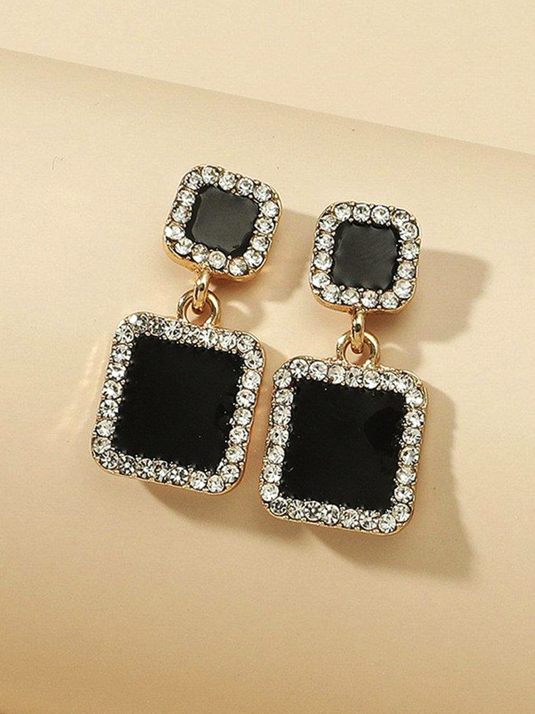 Yellow Chimes Black & Gold-Toned Crystal Rectangular Shape Stud Drop Earrings