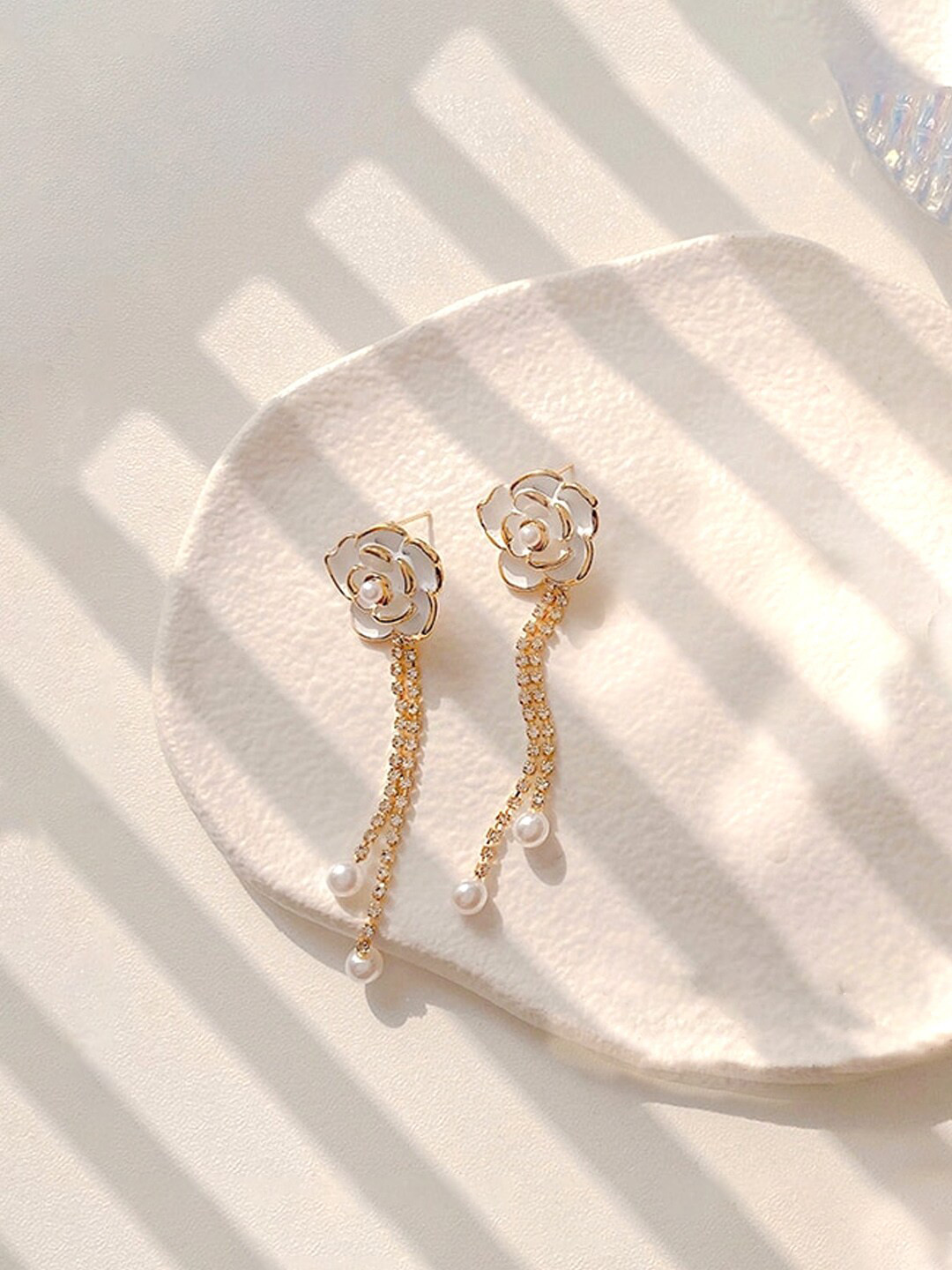 Yellow Chimes White Floral Stud With Linear Chain Hanging Pearl Drop Dangler Earrings