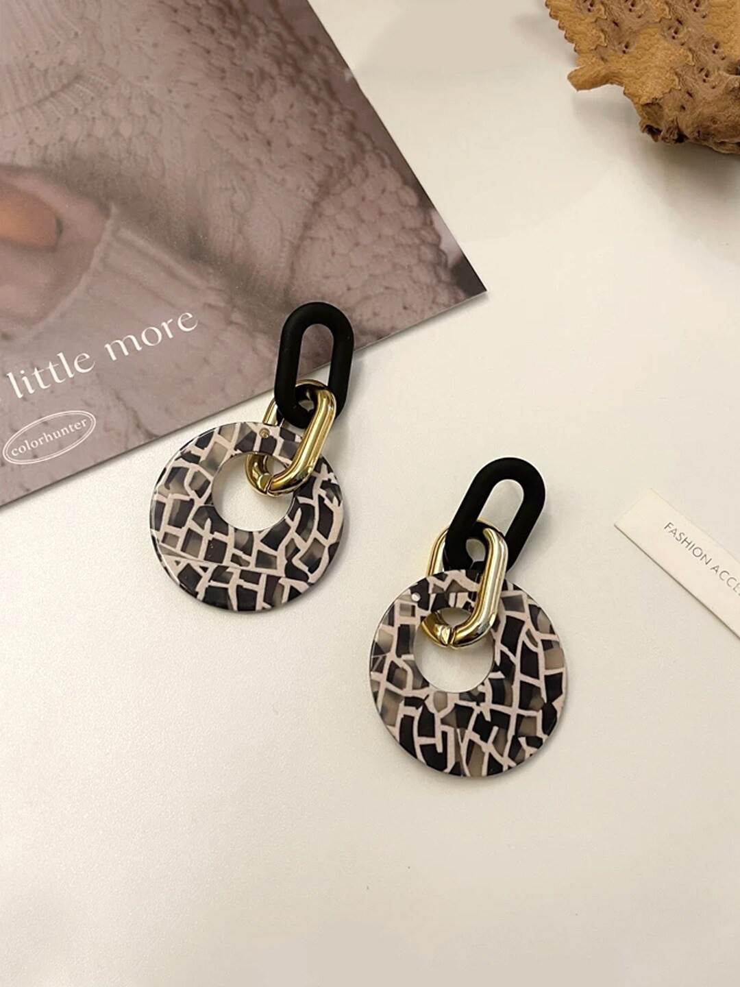 Yellow Chimes Black Golden Linked Round Circle Attached Drop Earrings