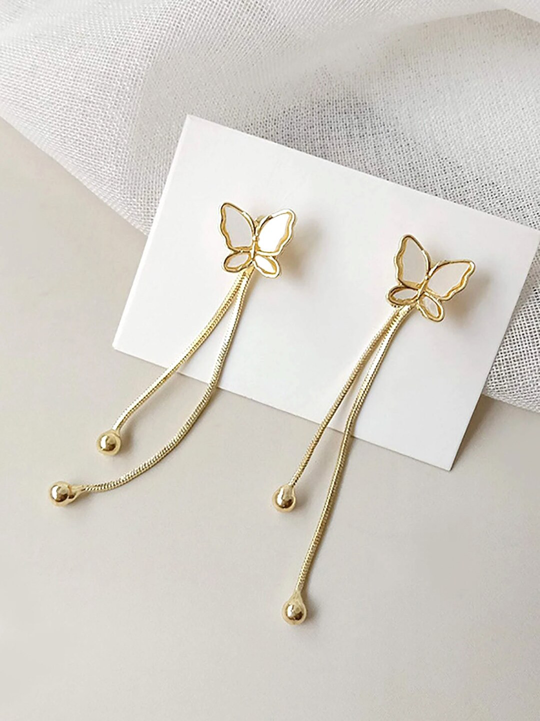Yellow Chimes Gold Tone Butterfly Shape Stud Long Linear Chain Drop Dangle Earrings