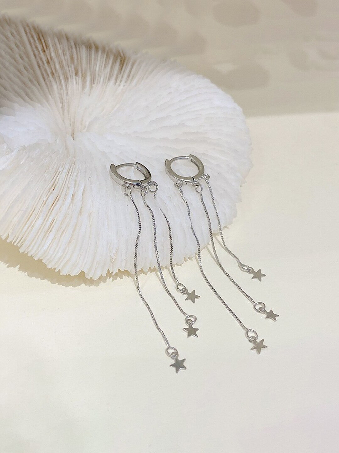 Yellow Chimes Silver-Toned Triple Chain Star Shaped Drop Earrings