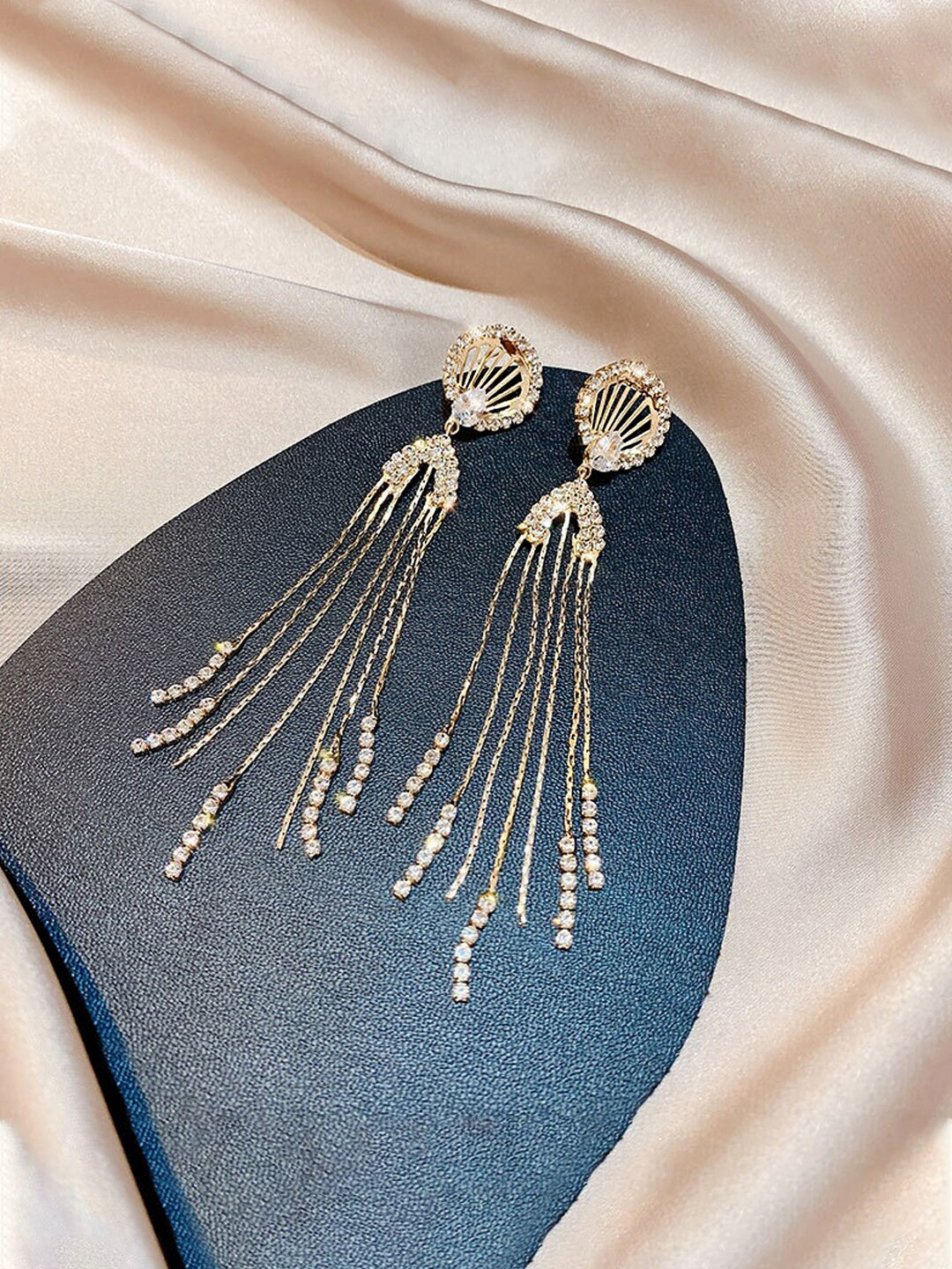 Yellow Chimes Gold-Plated Crystal Long Chain Tassel Dangle Earrings