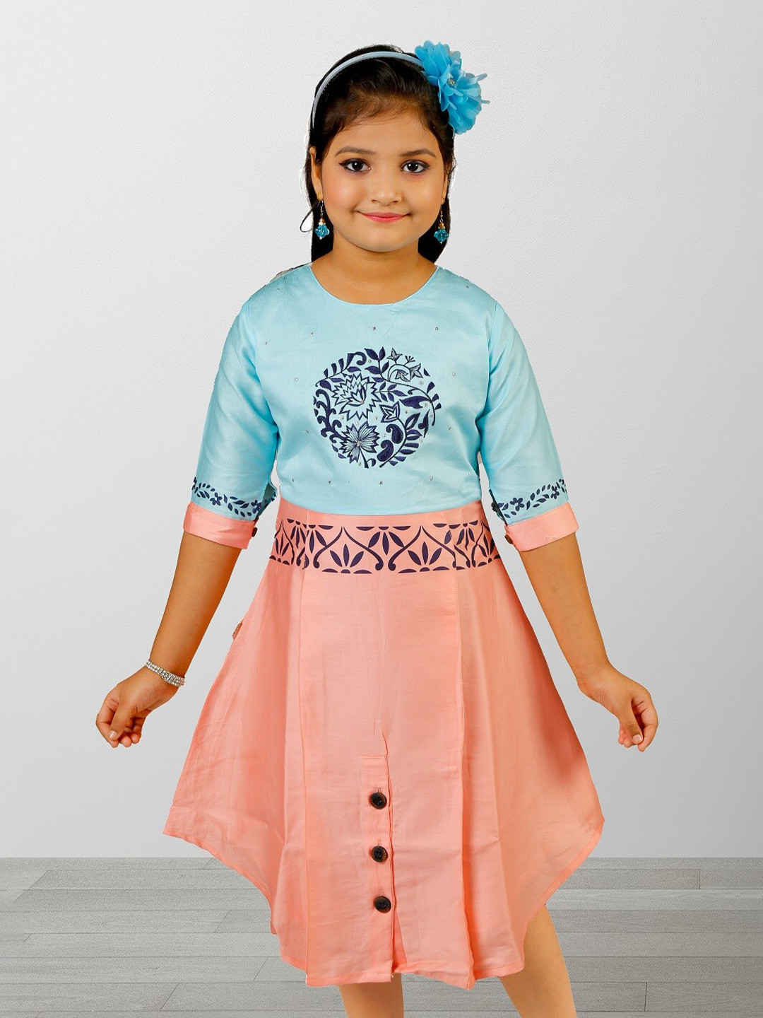 ZOOBA Girls Turquoise Blue & Peach-Coloured Floral Colourblocked Dress