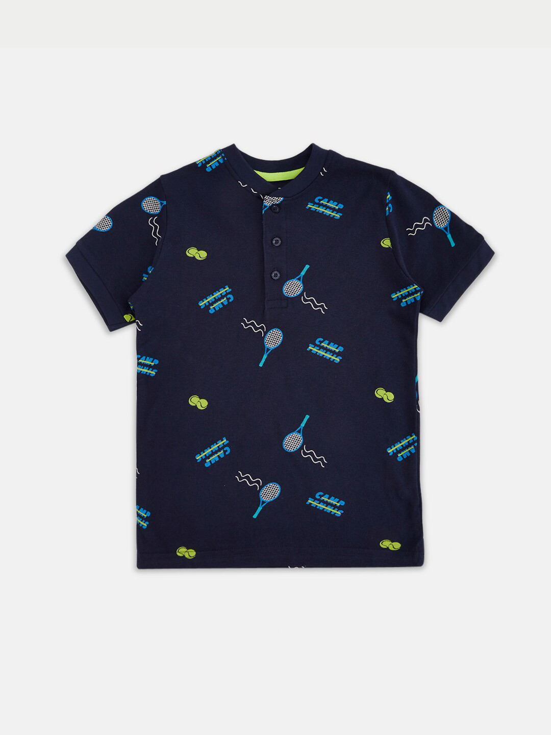 Pantaloons Junior Boys Navy Blue Printed Henley Collar T-shirt