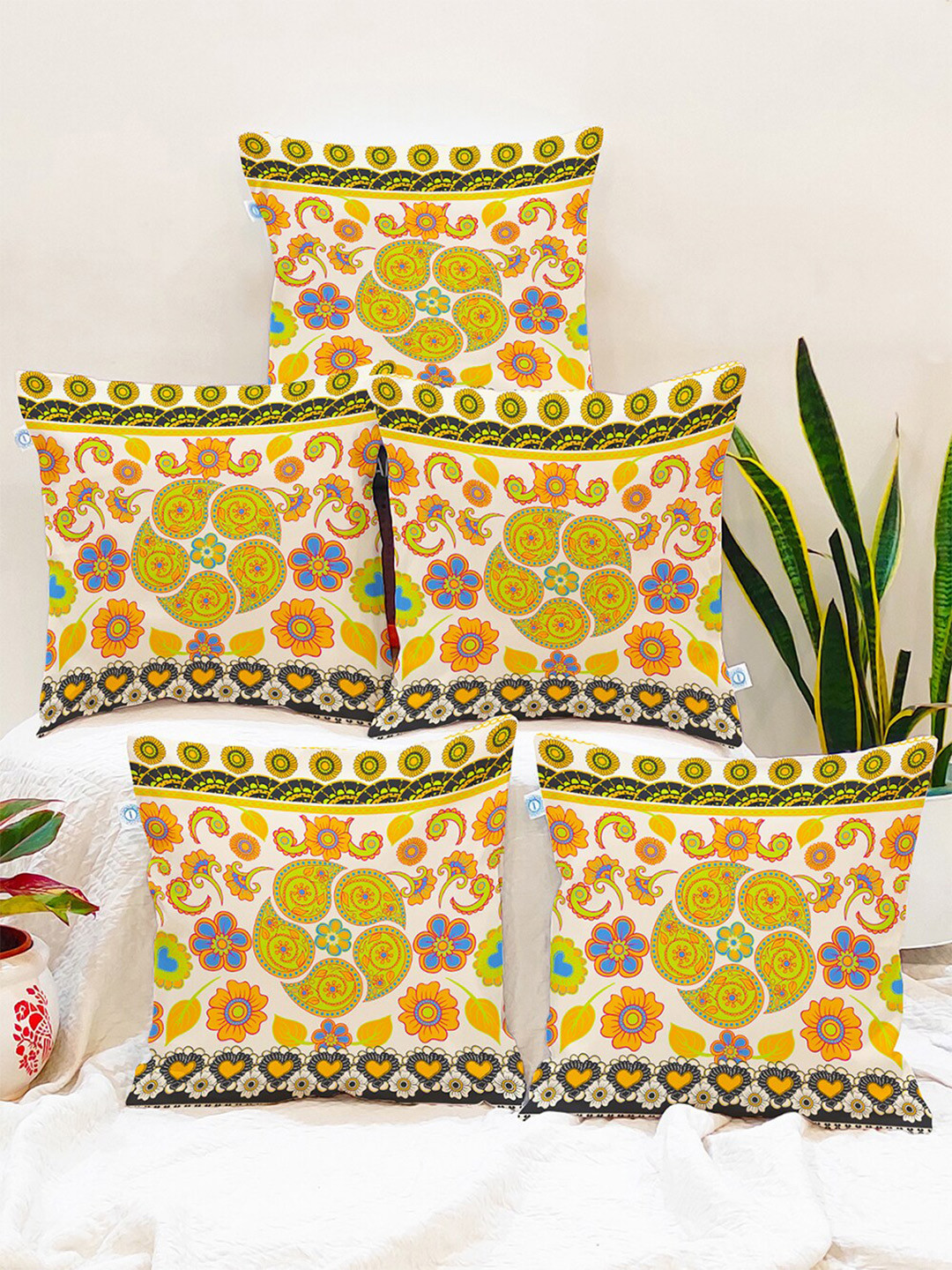 STITCHNEST Set of 5 Multicolor Folk Art Floral 16'' x 16'' Cushion Cover