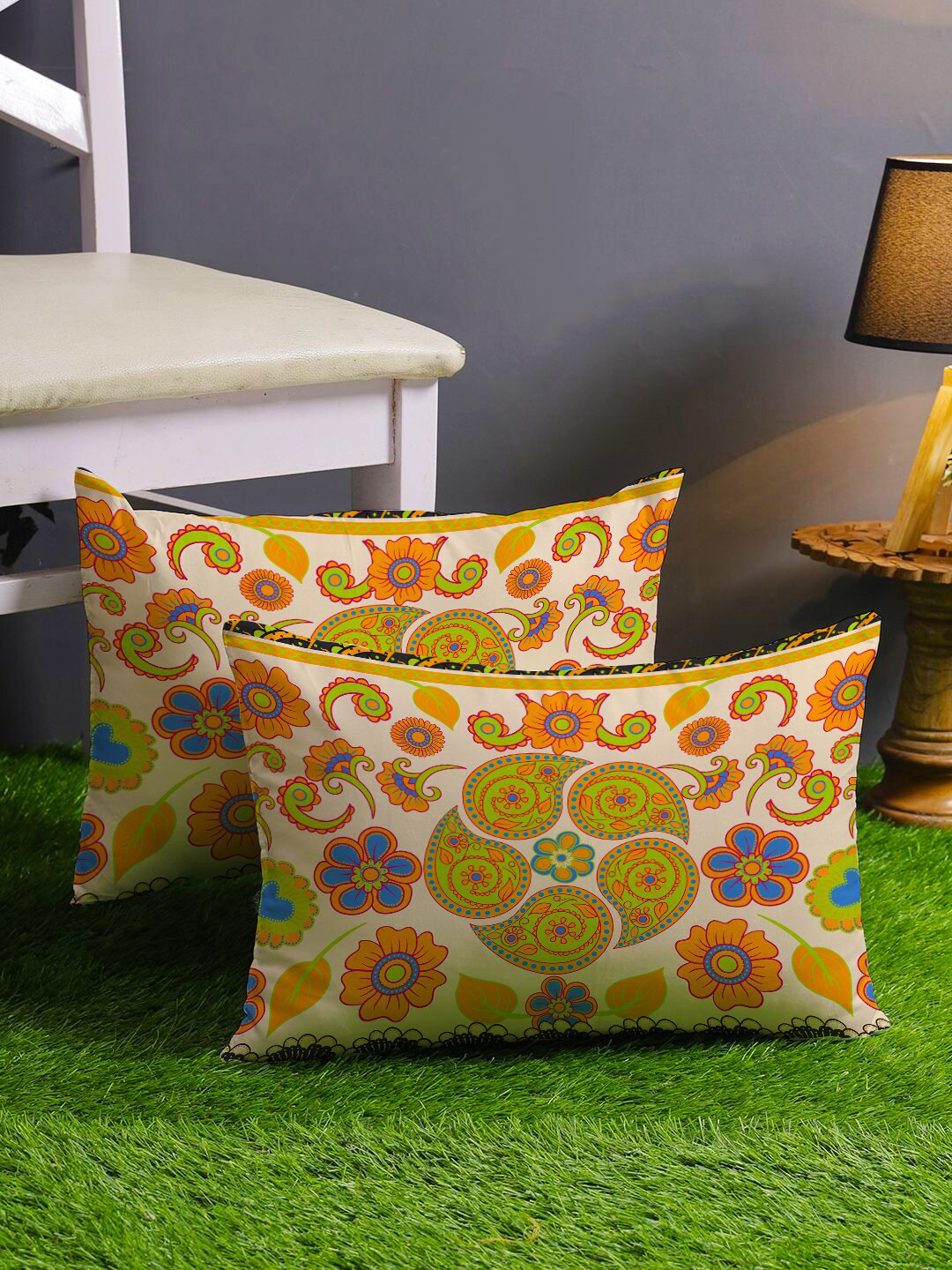 STITCHNEST Set of 2 Multicolor Folk Art Floral 12'' x 18'' Cushion Cover