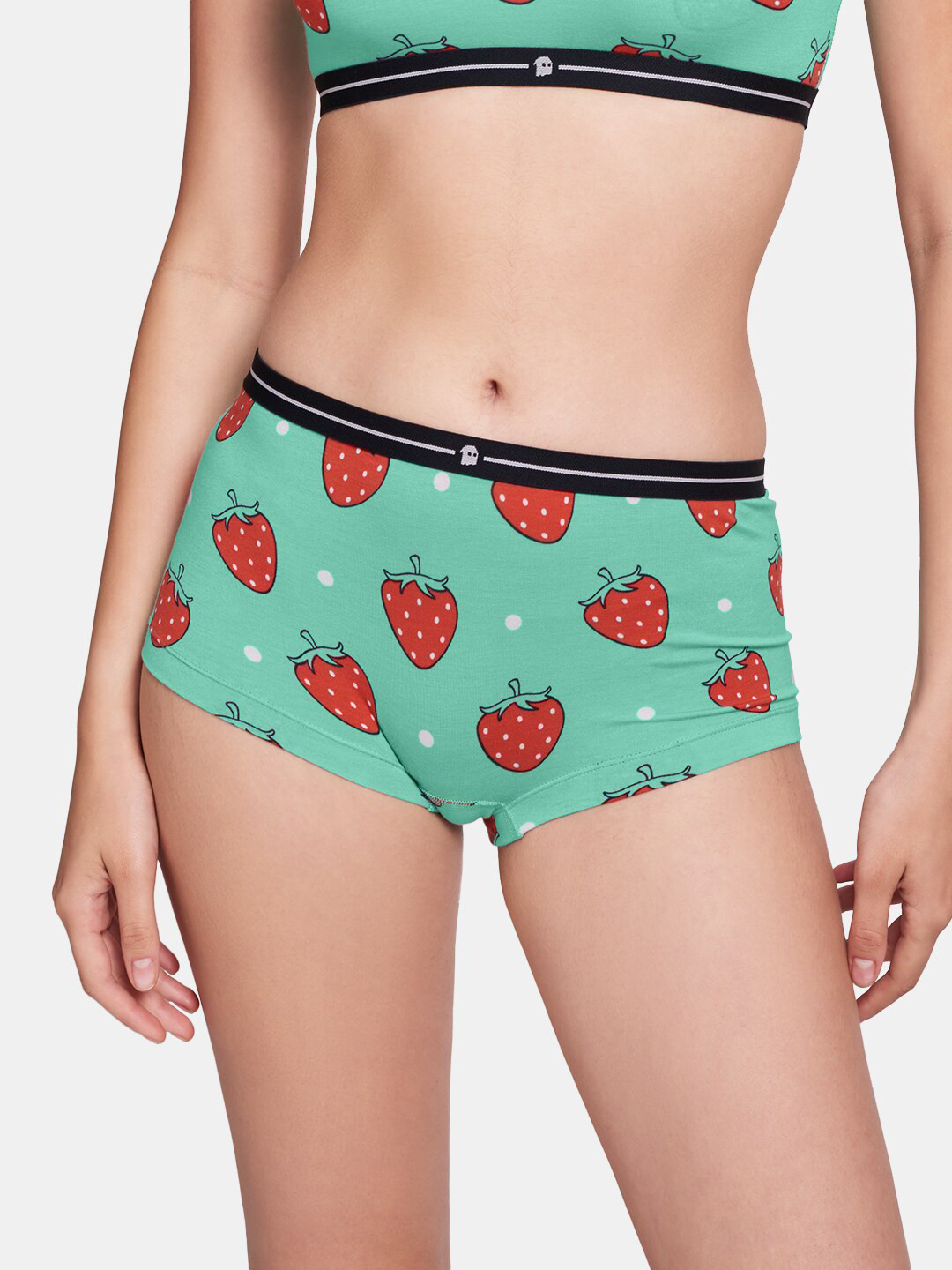 The Souled Store Women Green Strawberries  Printed Boy Shorts Briefs