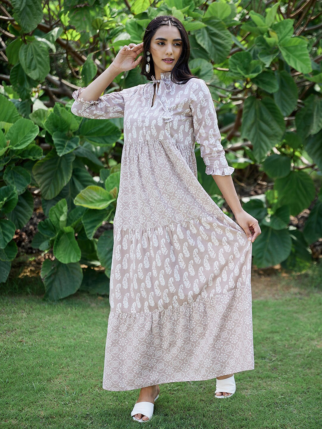 Athena Beige Floral Ethnic Maxi Dress