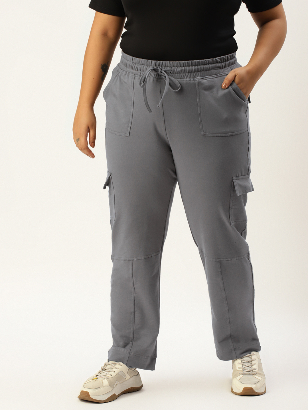 theRebelinme Women Plus Size Grey High-Rise Cargo Trousers