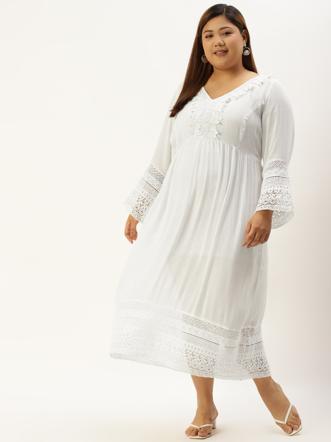 theRebelinme Plus Size Women White Solid Lace Detail Dress