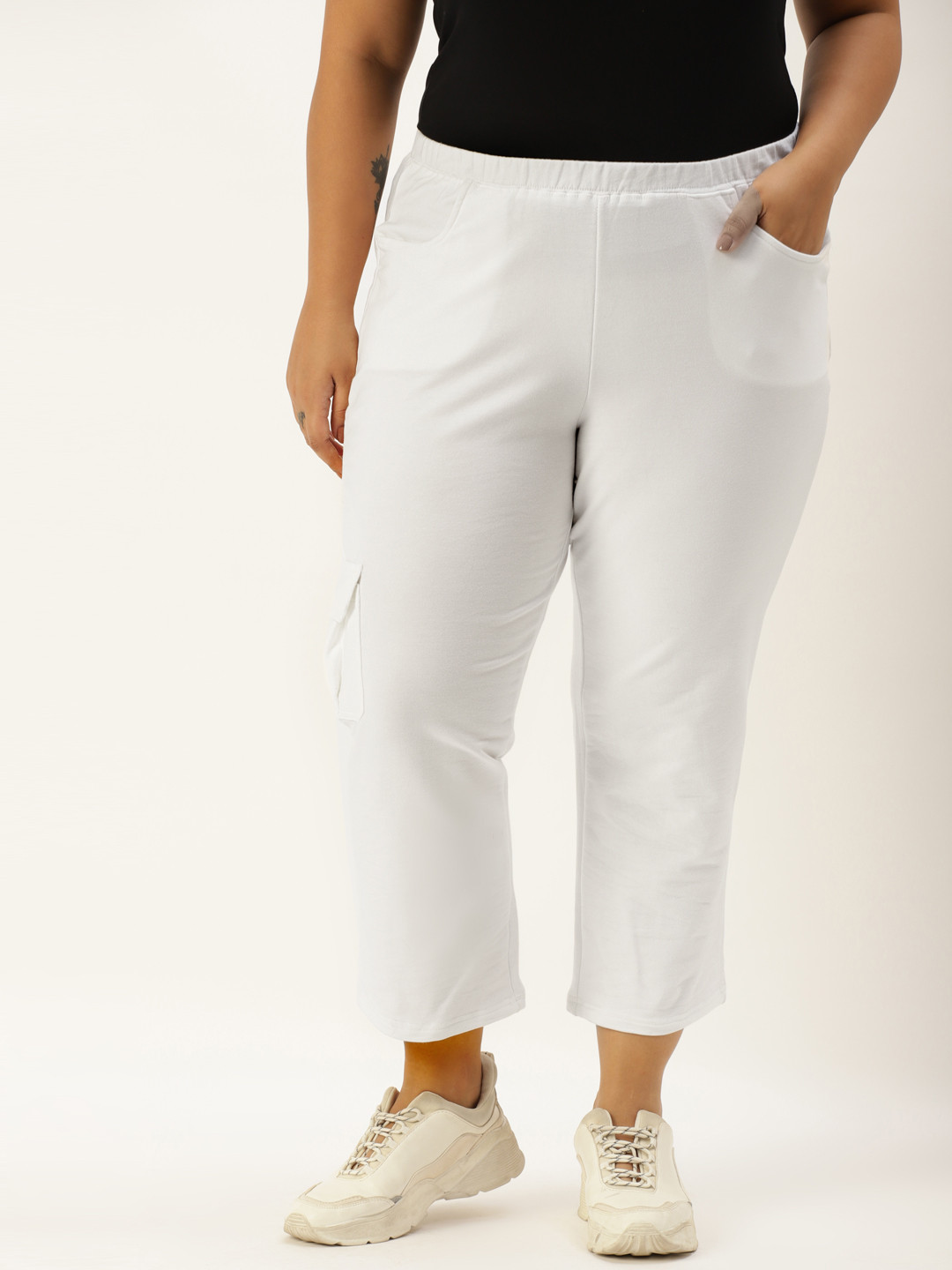 theRebelinme Women Plus Size White Solid High-Rise Trousers