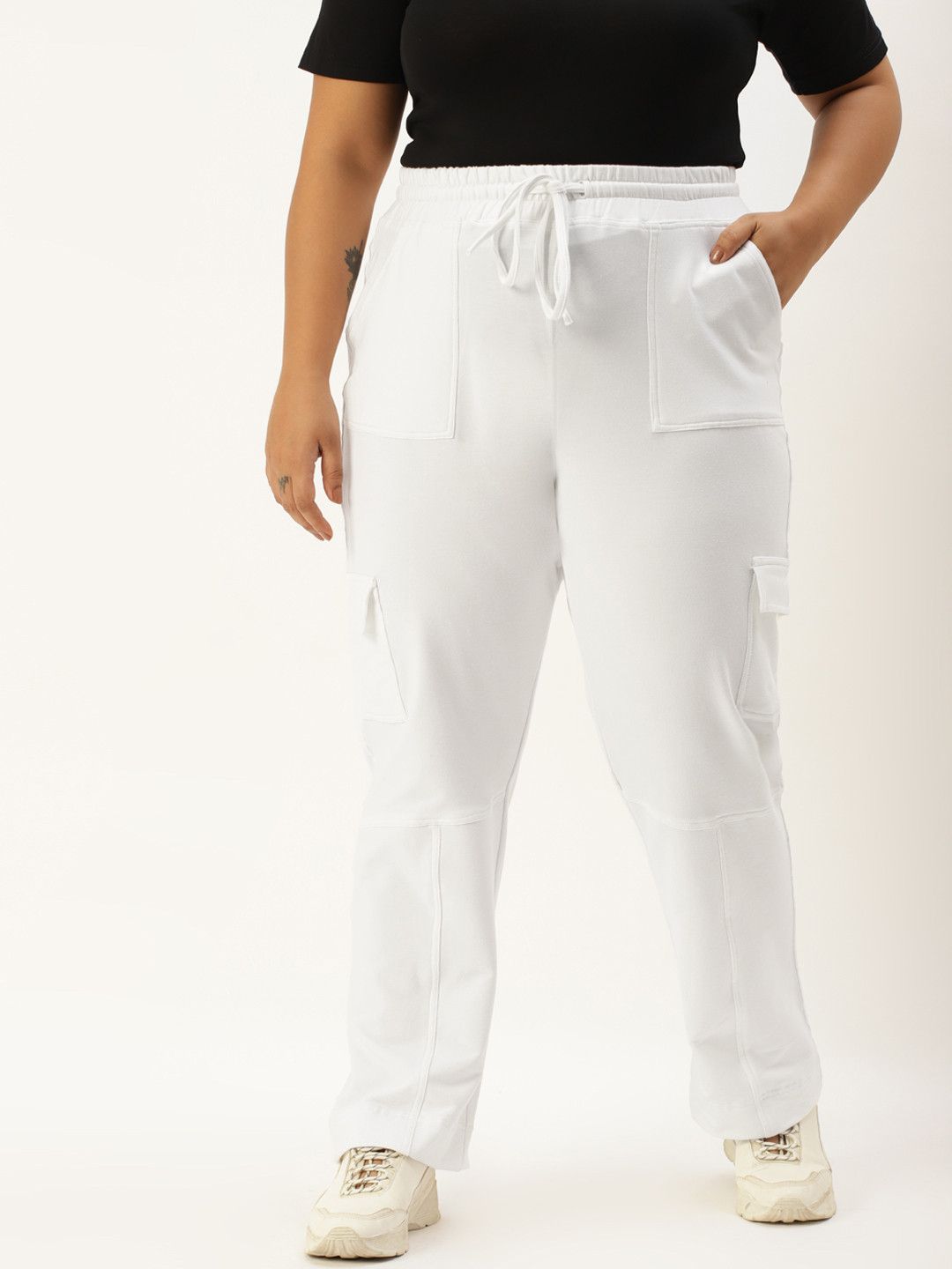 theRebelinme Women Plus Size White High-Rise Cargo Trousers