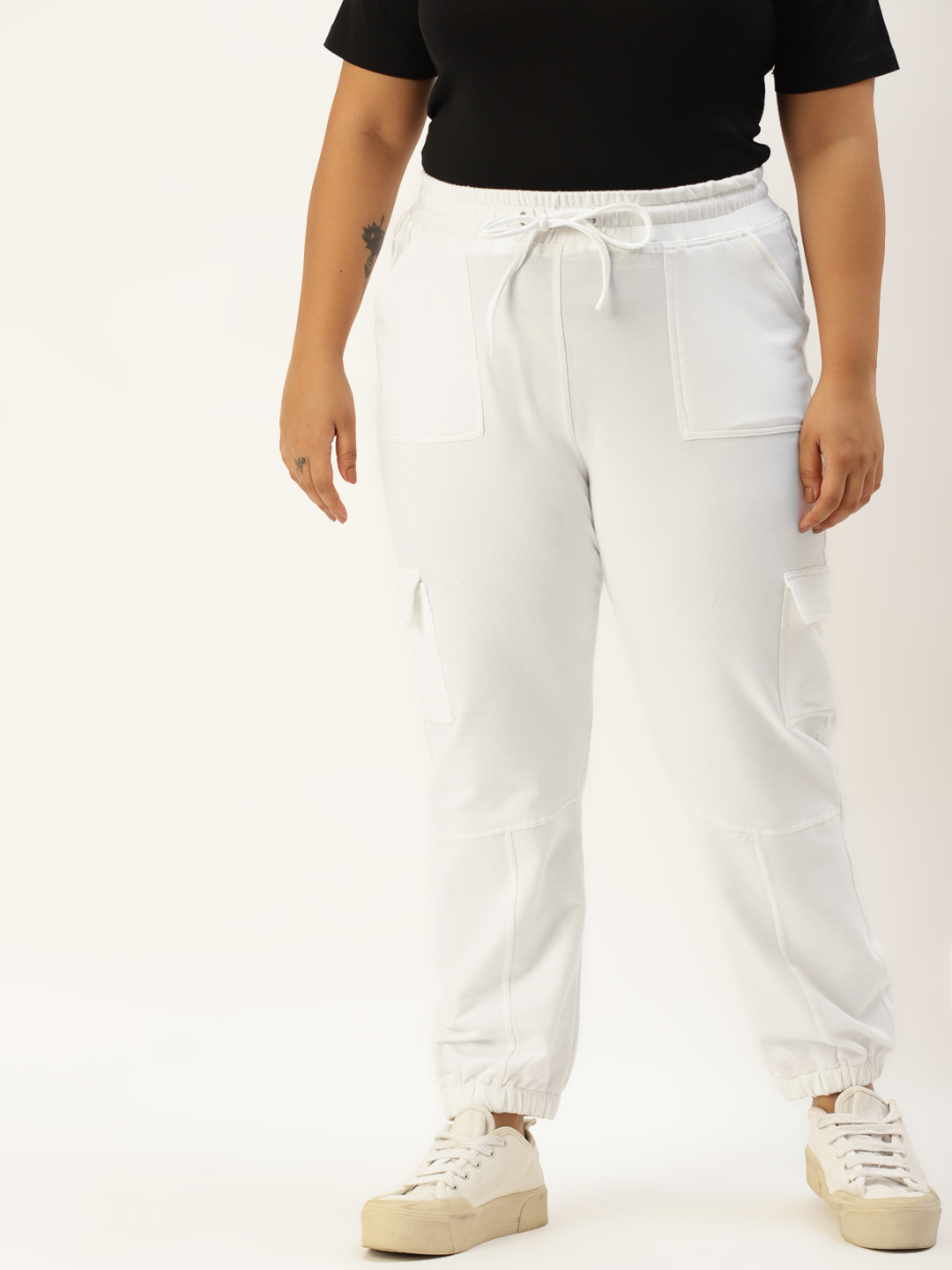 theRebelinme Women Plus Size White High-Rise Cargo Joggers