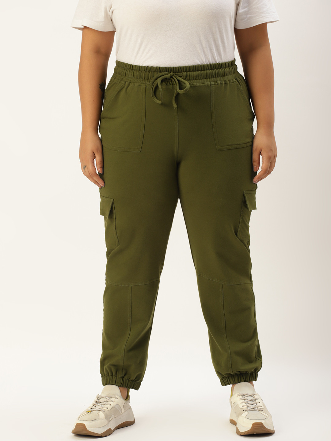 theRebelinme Women Plus Size Olive Green High-Rise Cargo Joggers