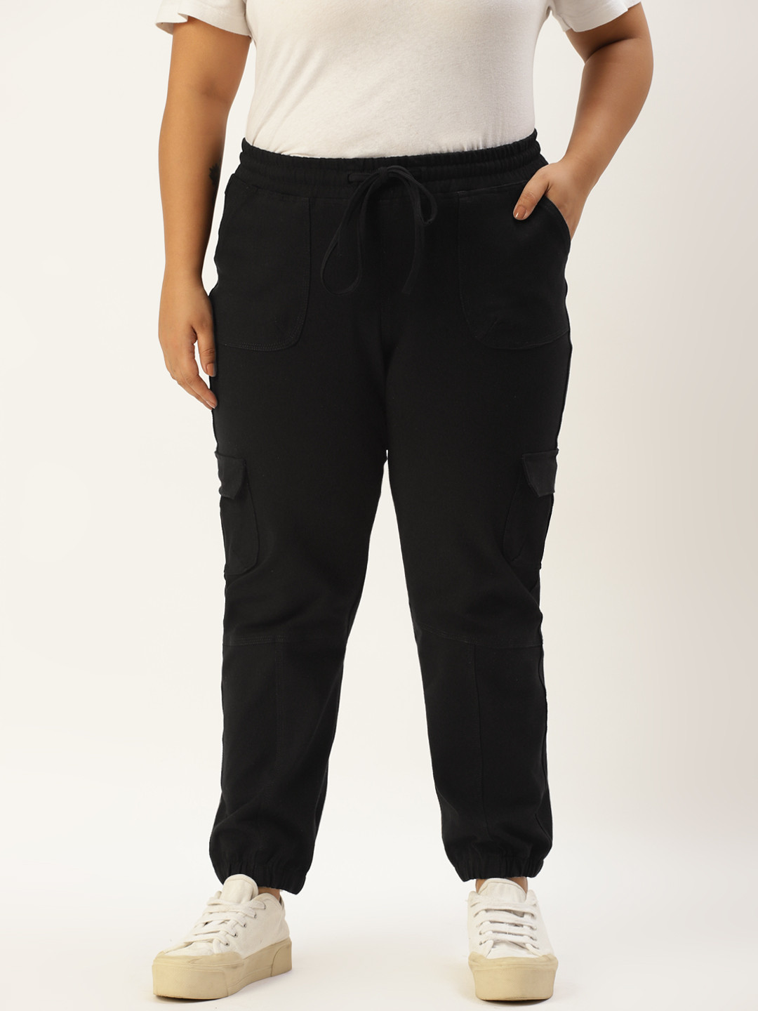 theRebelinme Women Plus Size Black High-Rise Cargo Joggers