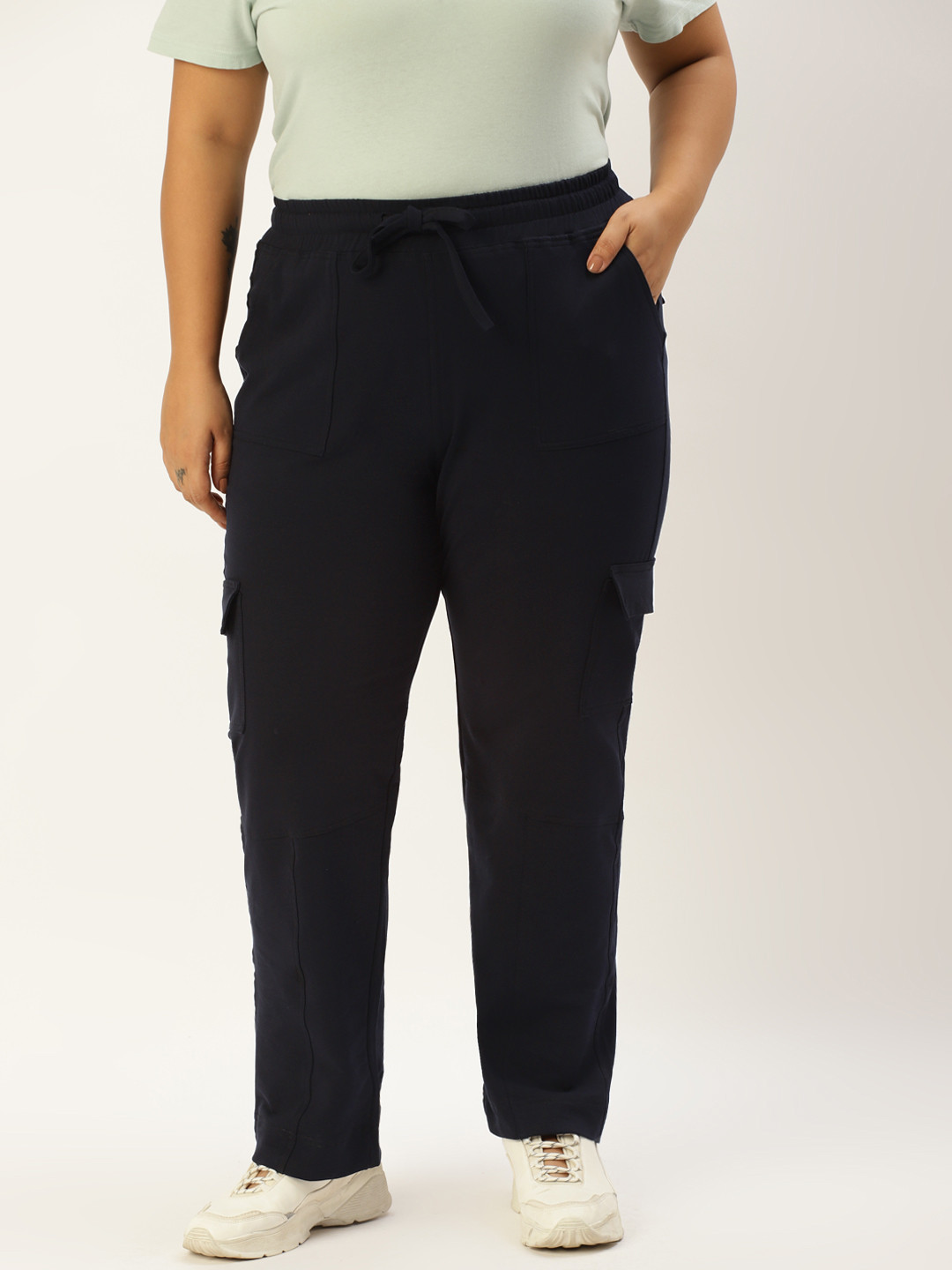 theRebelinme Women Plus Size Navy Blue High-Rise Cargo Trousers