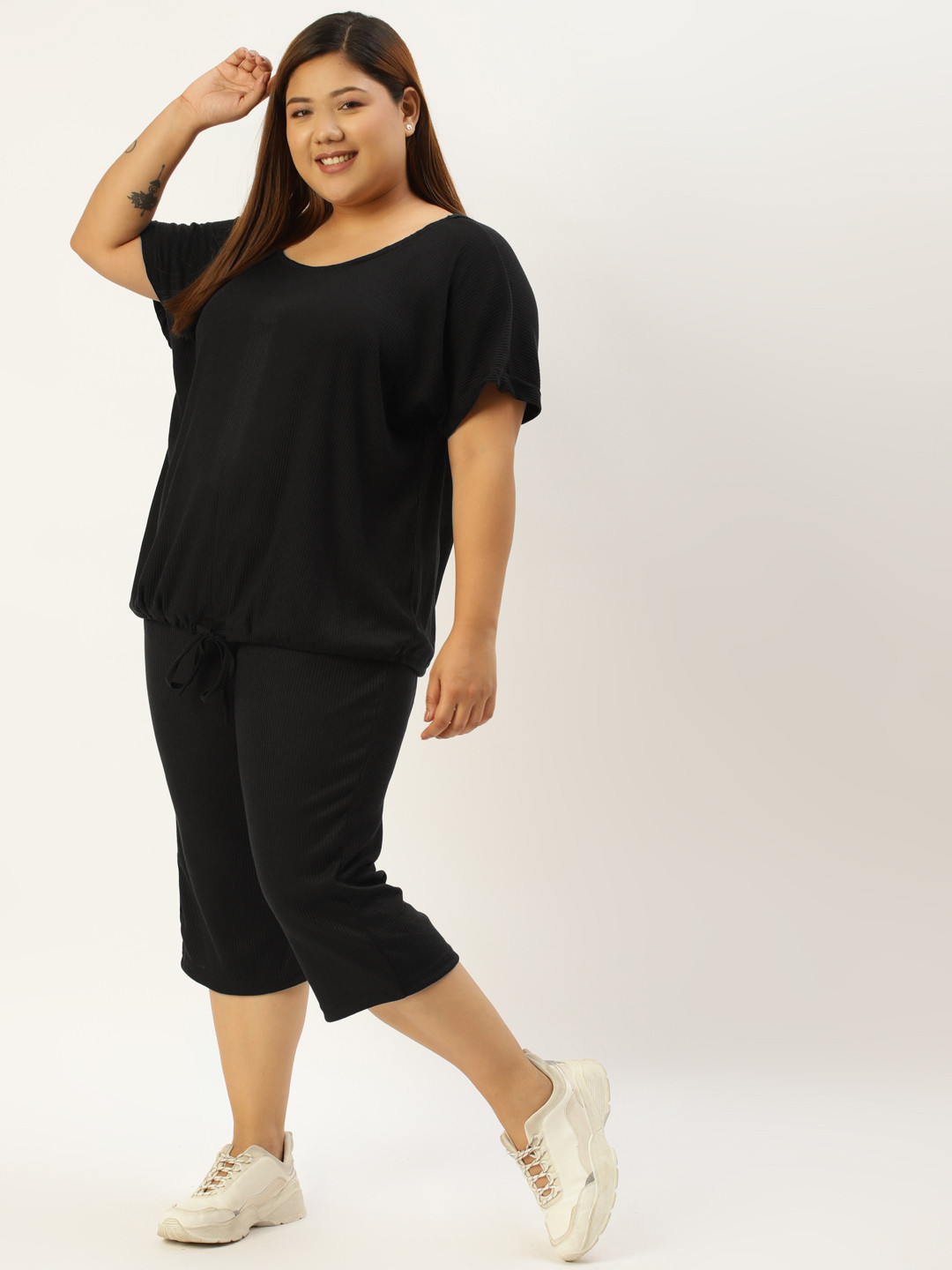 theRebelinme Plus Size Women Black Self-Striped Co-Ord Set