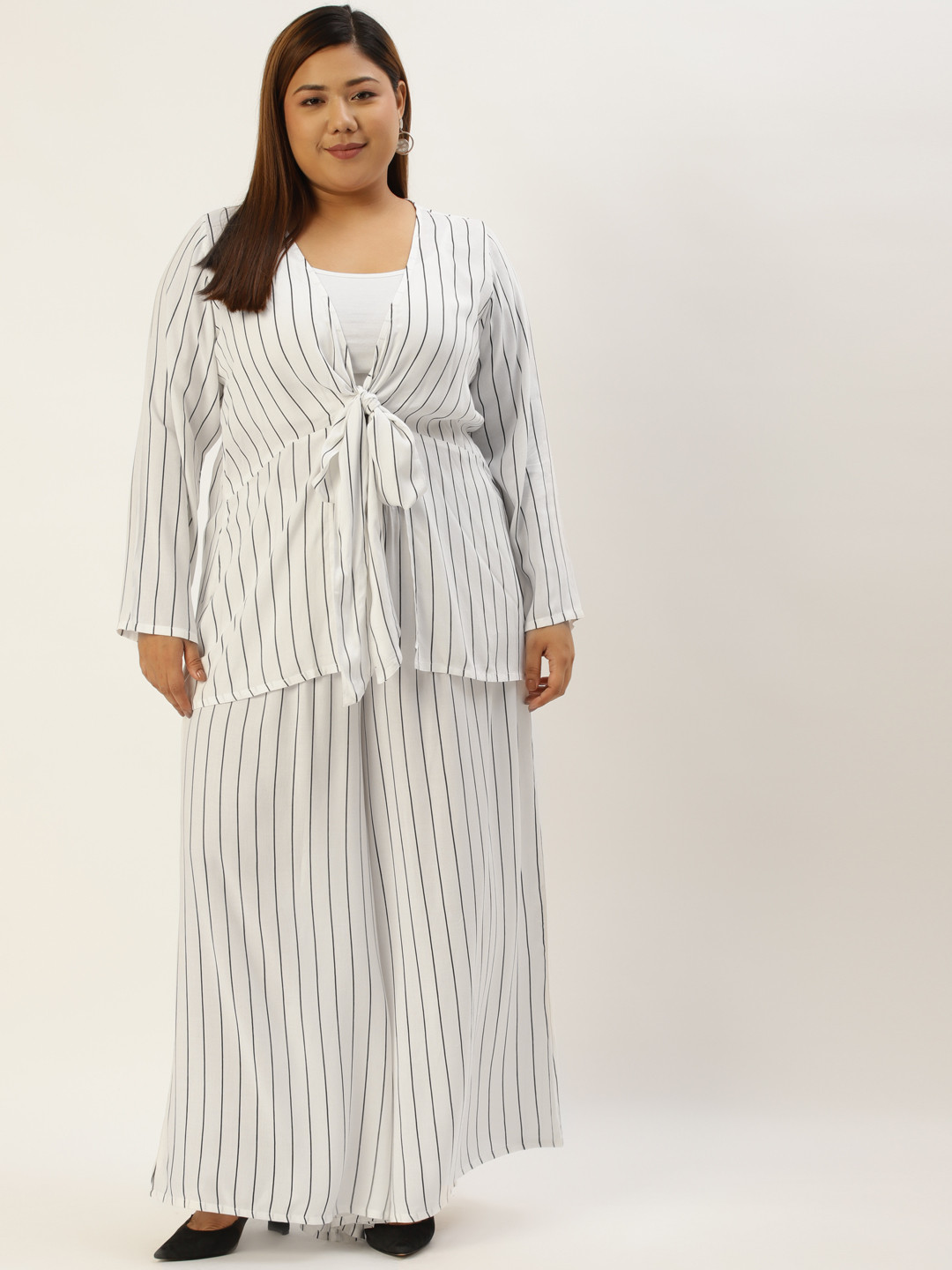 theRebelinme Women Plus Size White & Black Striped Shrug & Palazzos Set