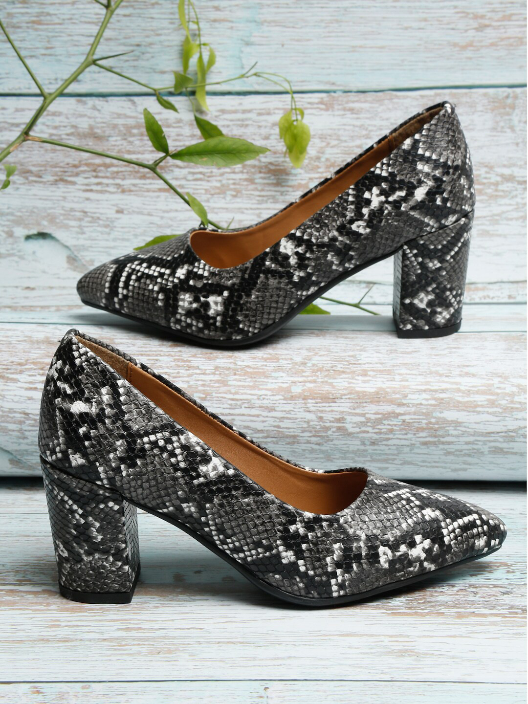 Bruno Manetti Black Animal Skin Print PU Block Pump Heels