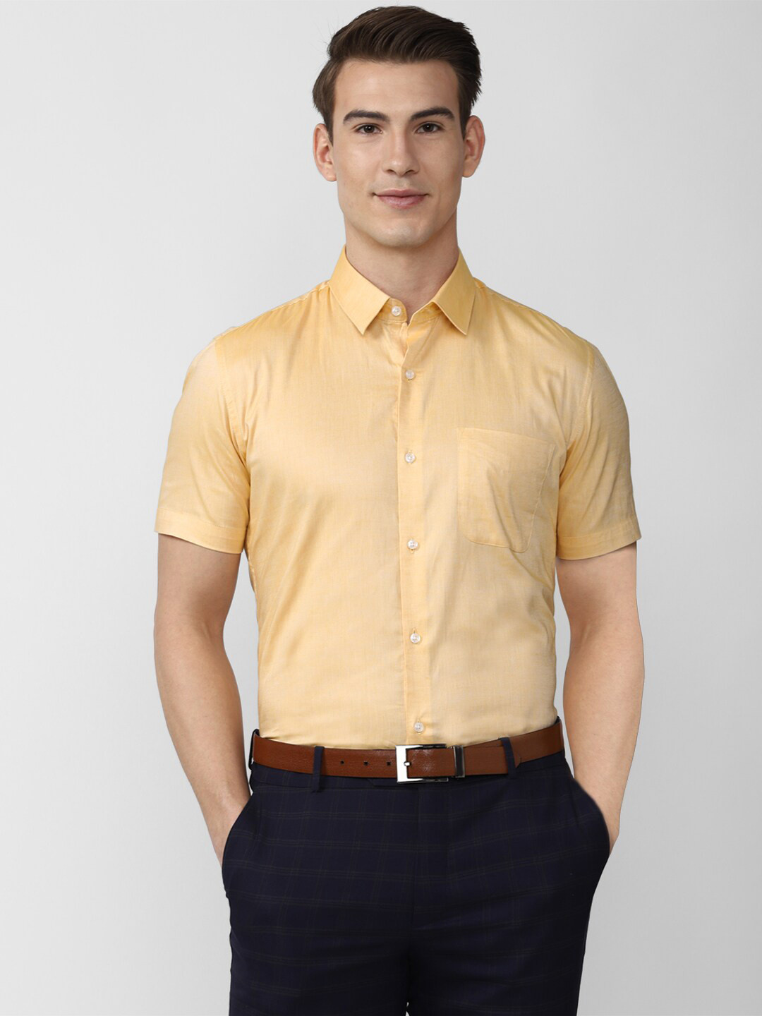 Peter England Men Yellow Short Sleeves Slim Fit Formal Shirt