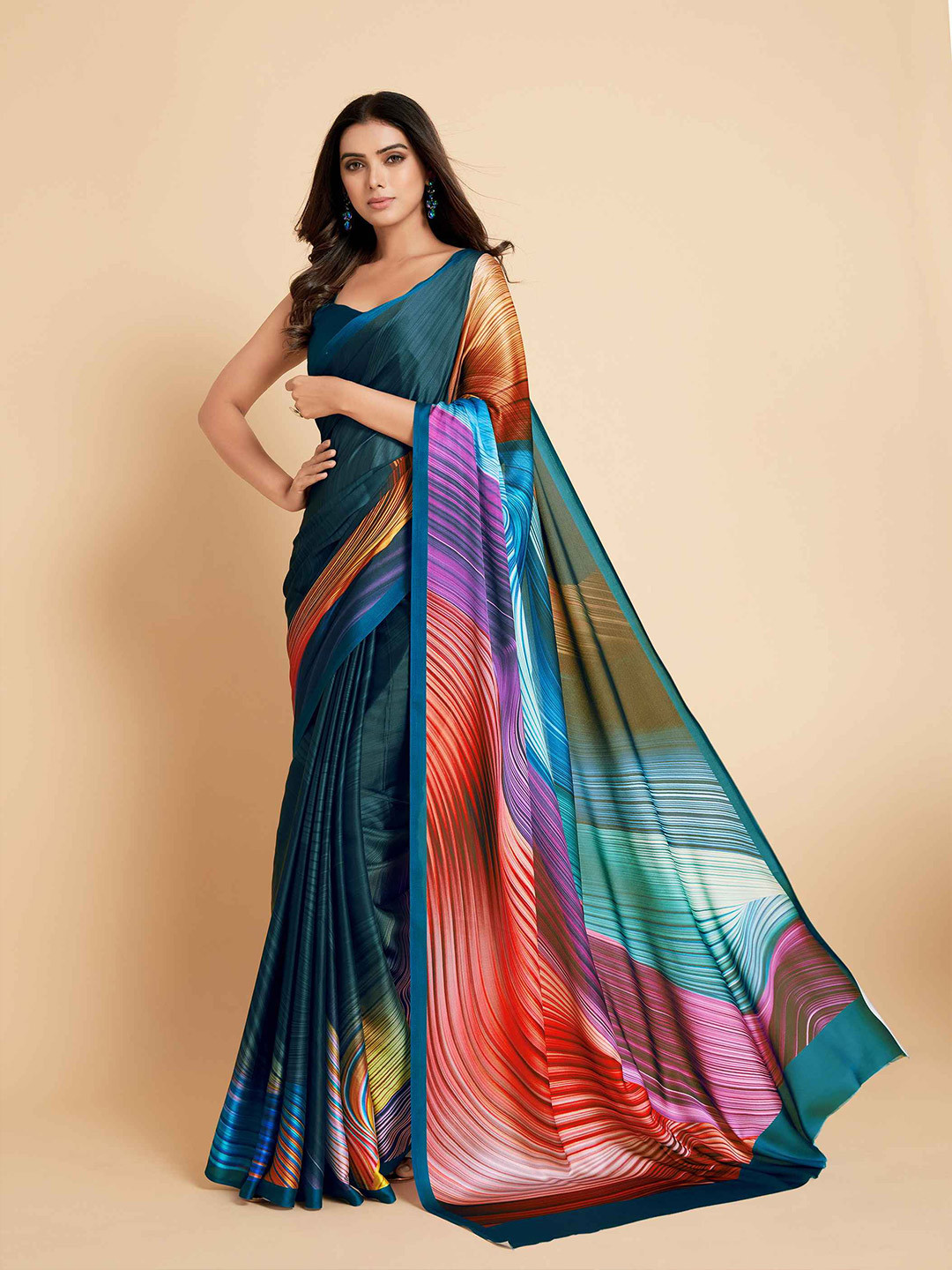 Sangria Navy Blue & Violet Satin Ready to Wear Saree