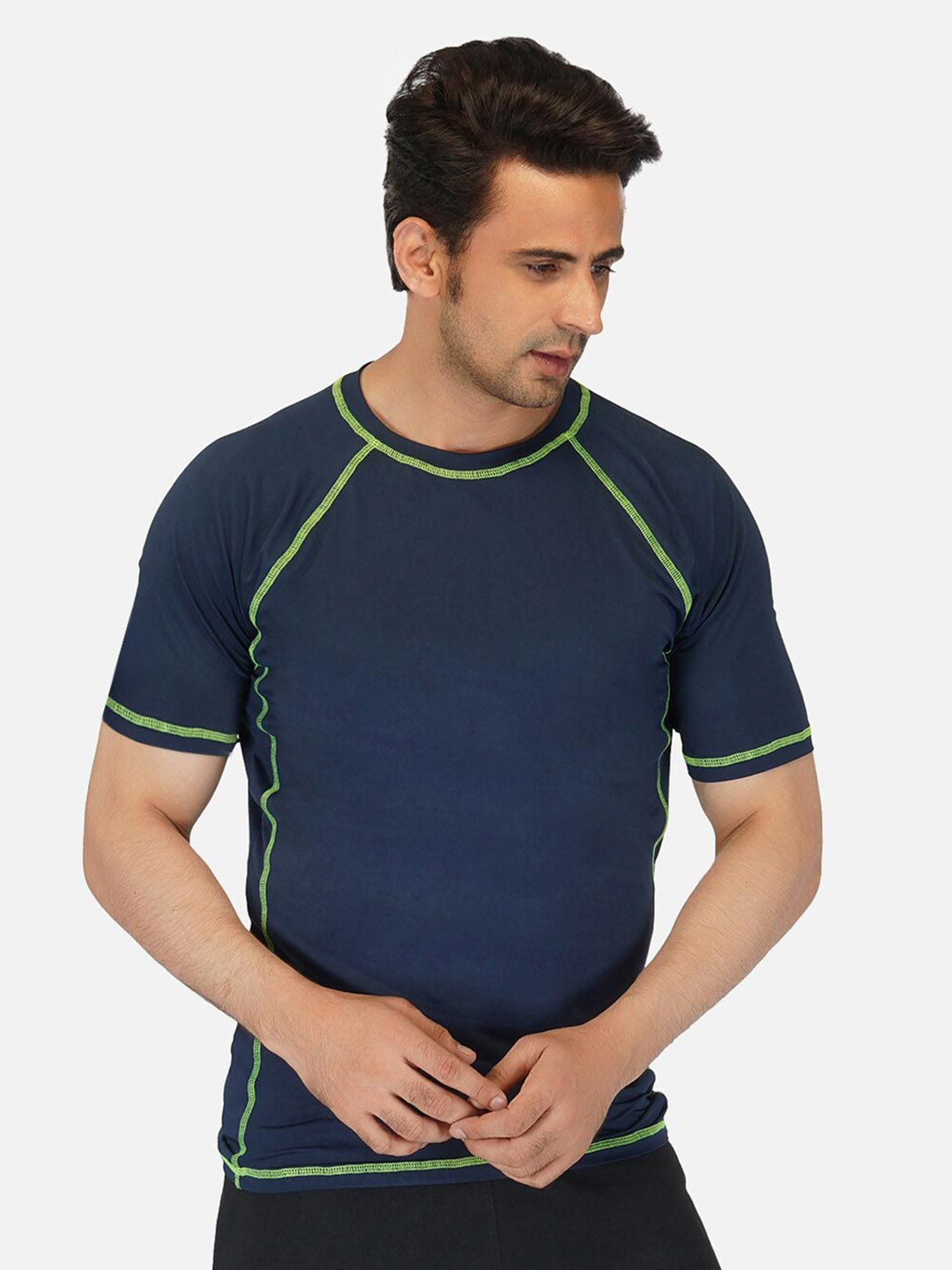 IMPERATIVE Men Navy Blue Solid Contrast Stitching T-shirt