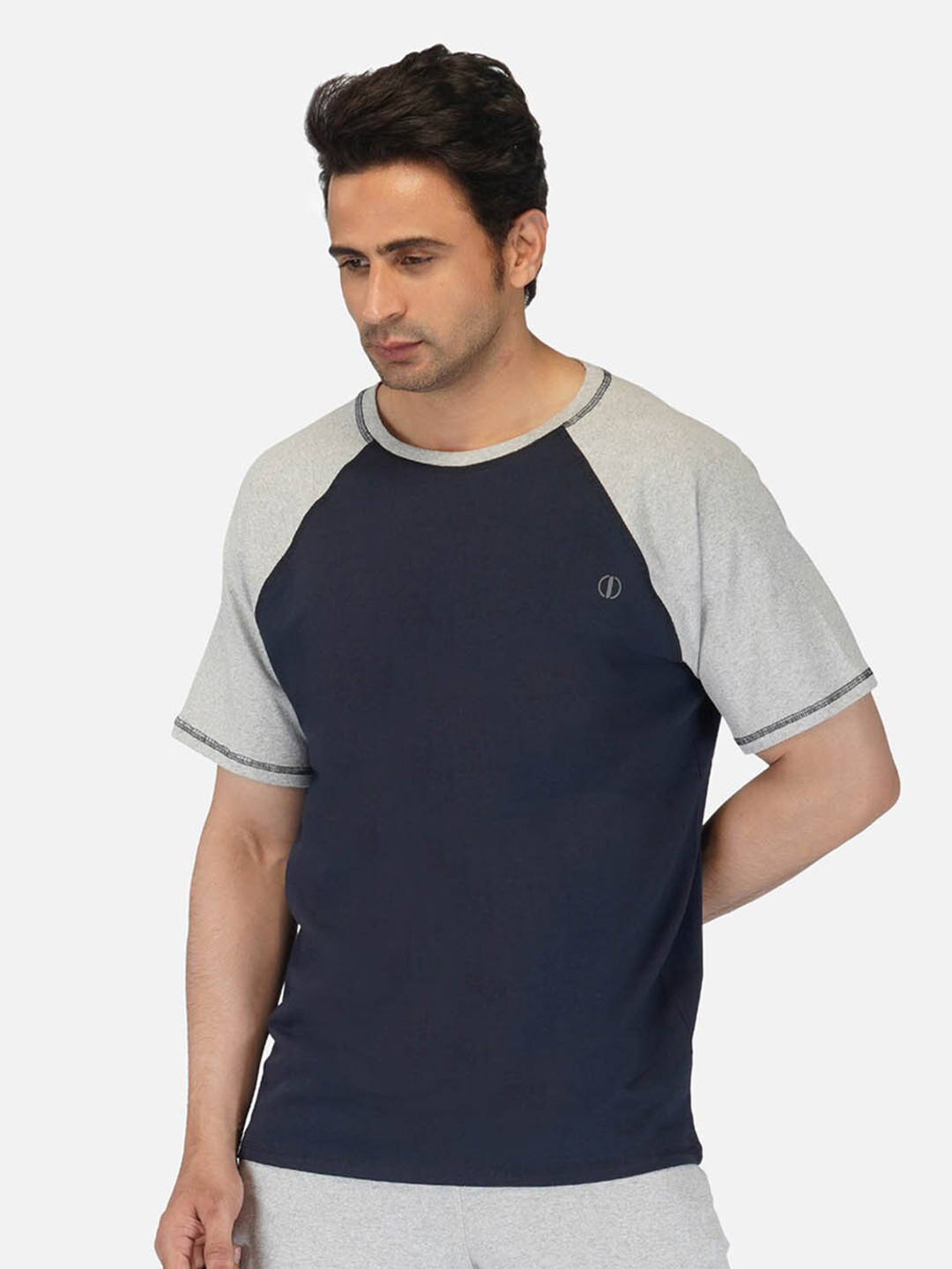 IMPERATIVE Men Navy Blue & Grey Contrast Raglan Sleeves  T-shirt
