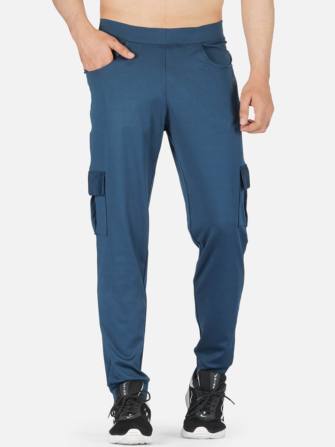 IMPERATIVE Men Blue Solid Track Pants with cargo pockets