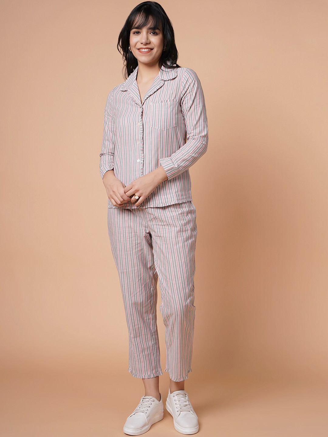 HOUSE OF S Women Pink & Grey Striped Cotton Night suit