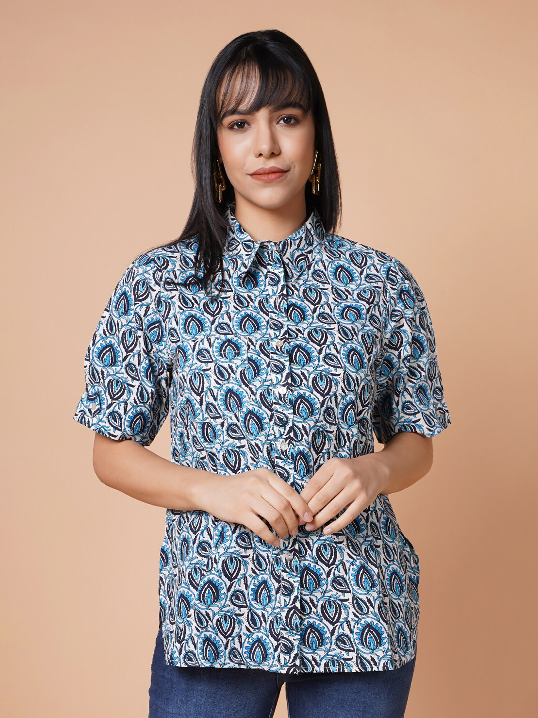 HOUSE OF S Women Blue Classic Slim Fit Printed Casual Shirt