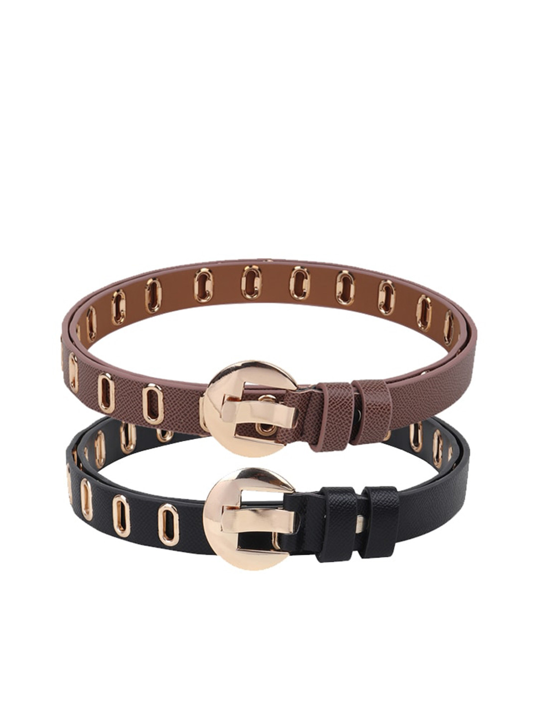 WINSOME DEAL Women Black & Brown Textured Pack Of 2 Belt
