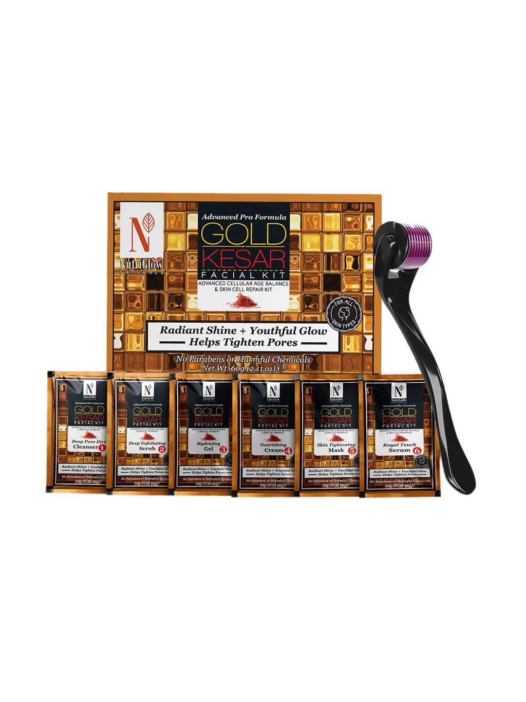 NutriGlow Naturals Adults Gold Kesar Facial Kit for Skin Cell Repair 60g with Derma Roller