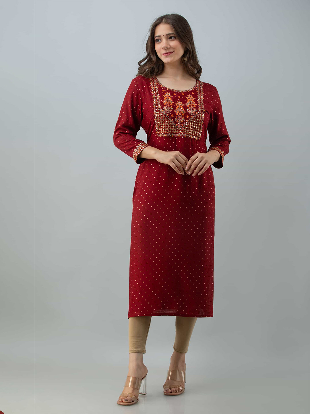 NAYRAH Women Maroon & Orange Ethnic Motifs Embroidered Straight Kurta