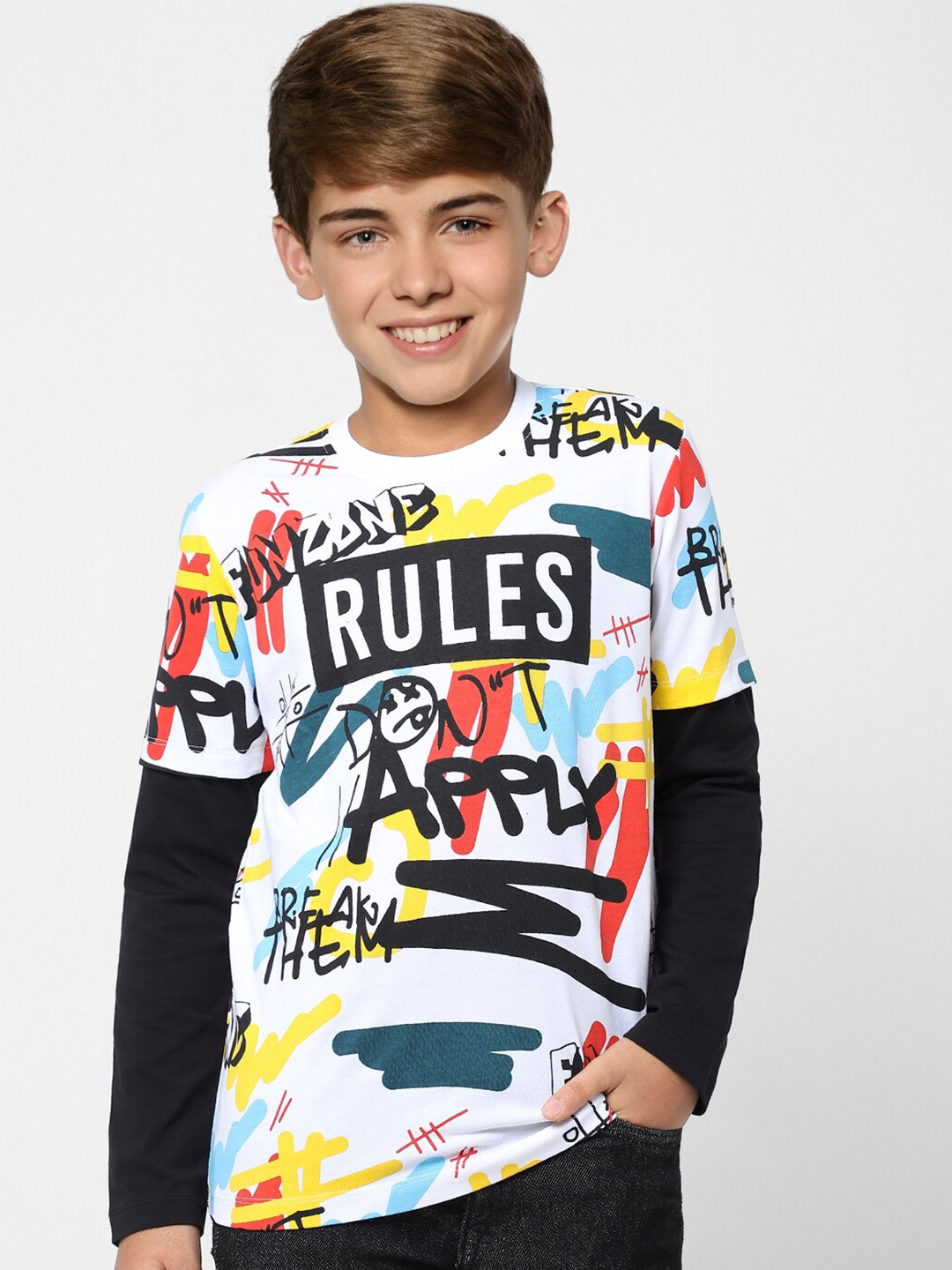 Jack & Jones Junior Boys White Typography Printed Slim Fit T-shirt