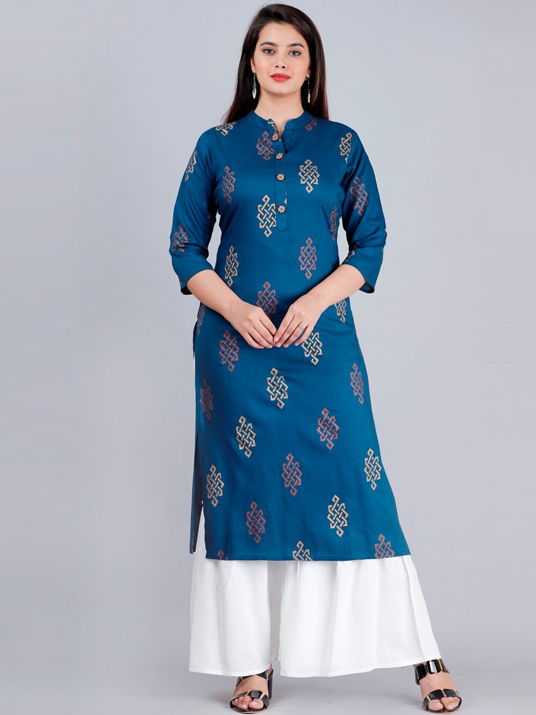 MAUKA Women Teal Printed Straight Kurta with White solid tier Sharara