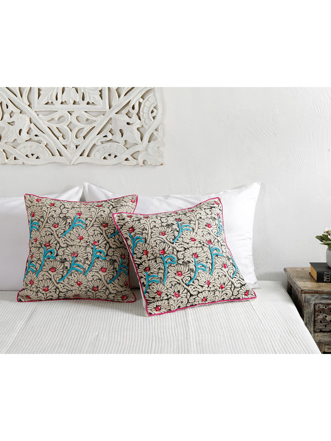 HANDICRAFT PALACE Hand Block Floral Cotton 2 Pcs Embroidered Cushion Covers -18x18In