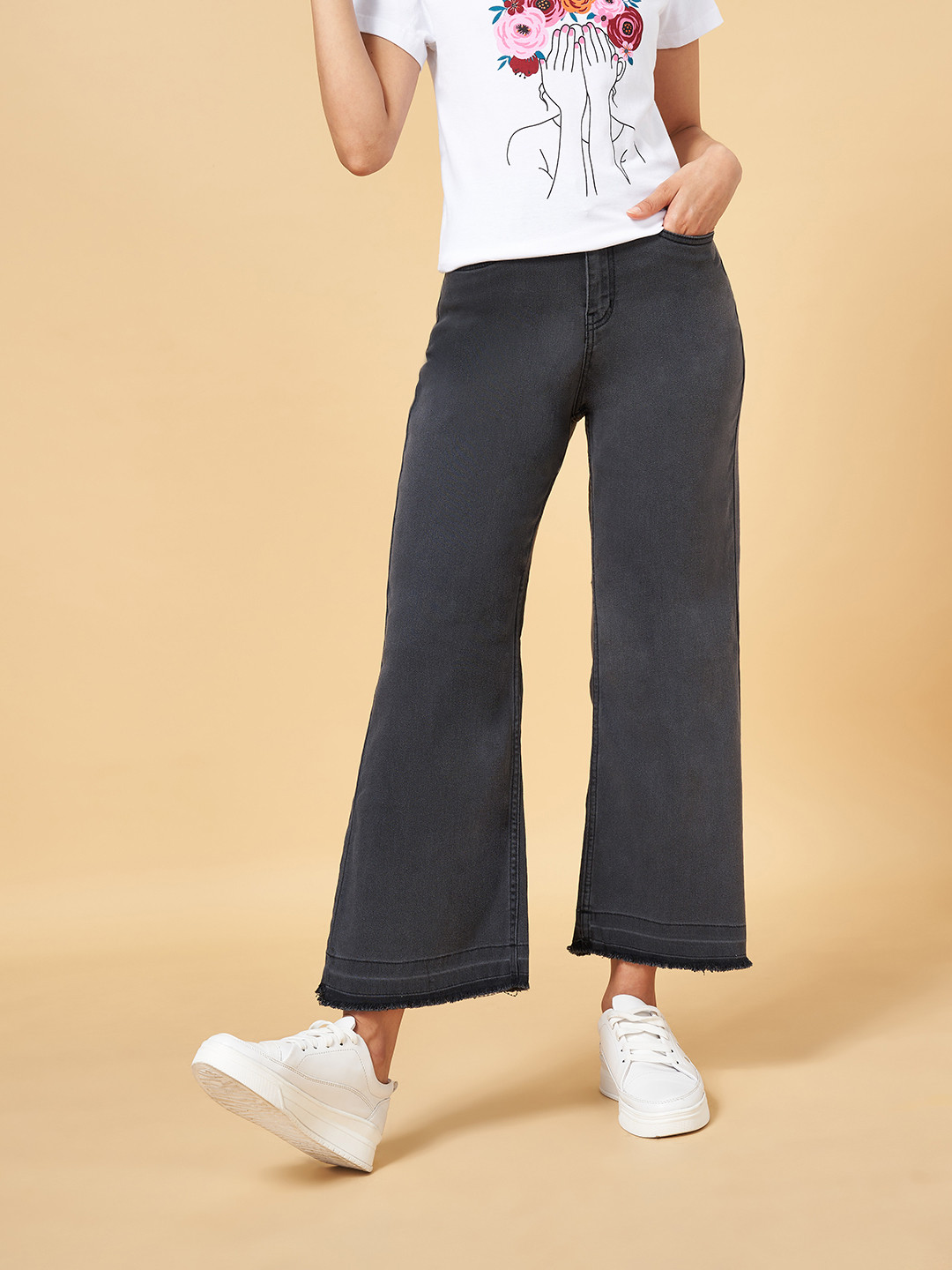 People Women Grey Flared Jeans