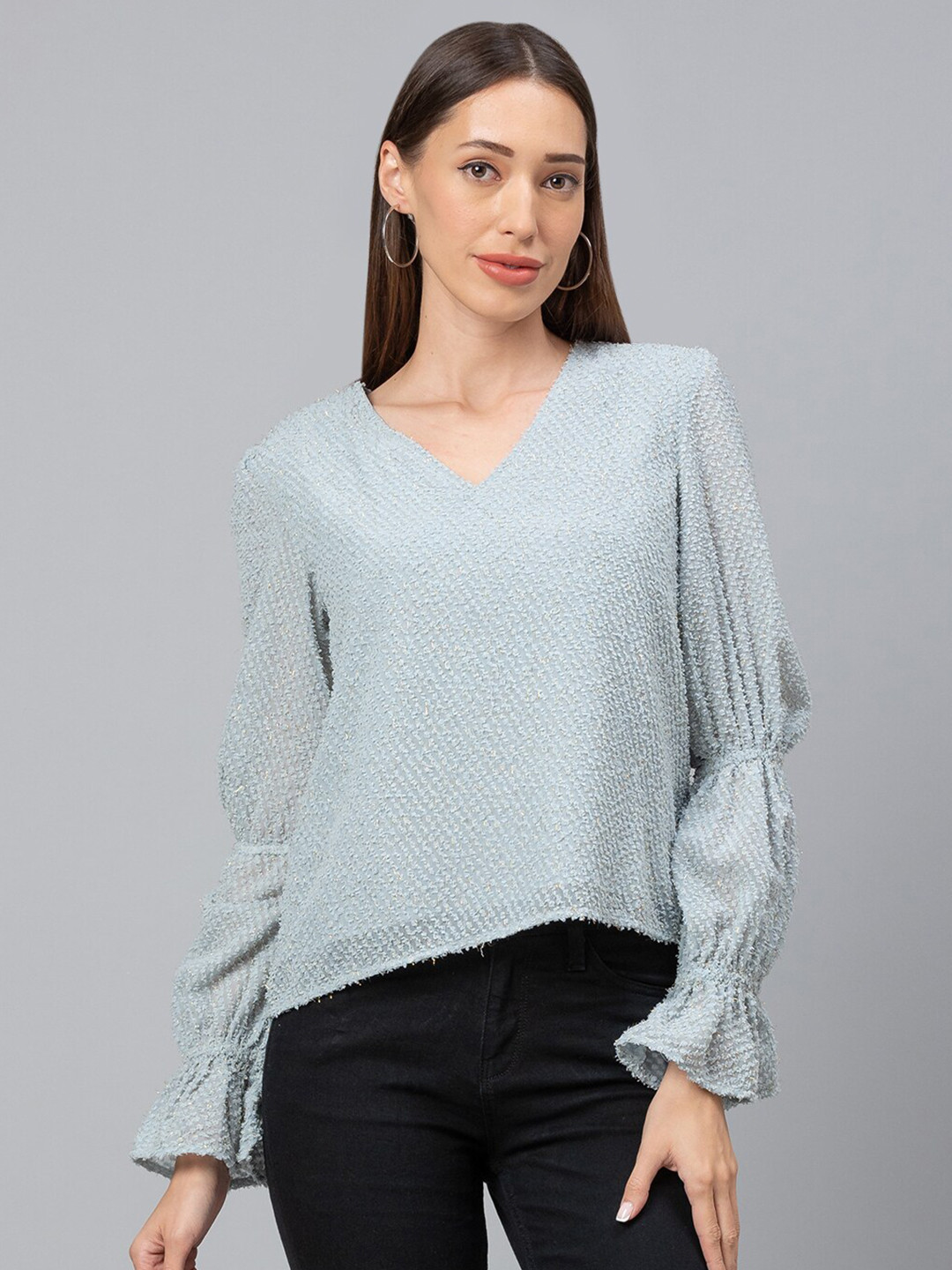 Globus Blue Textured Georgette Puff Sleeves Top