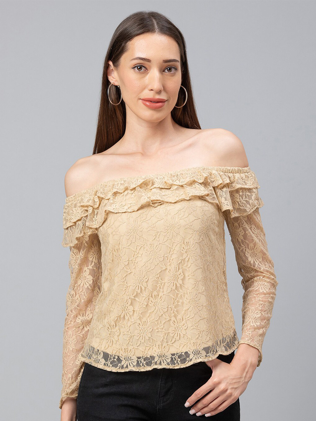 Globus Beige Off-Shoulder Ruffles Net Bardot Top