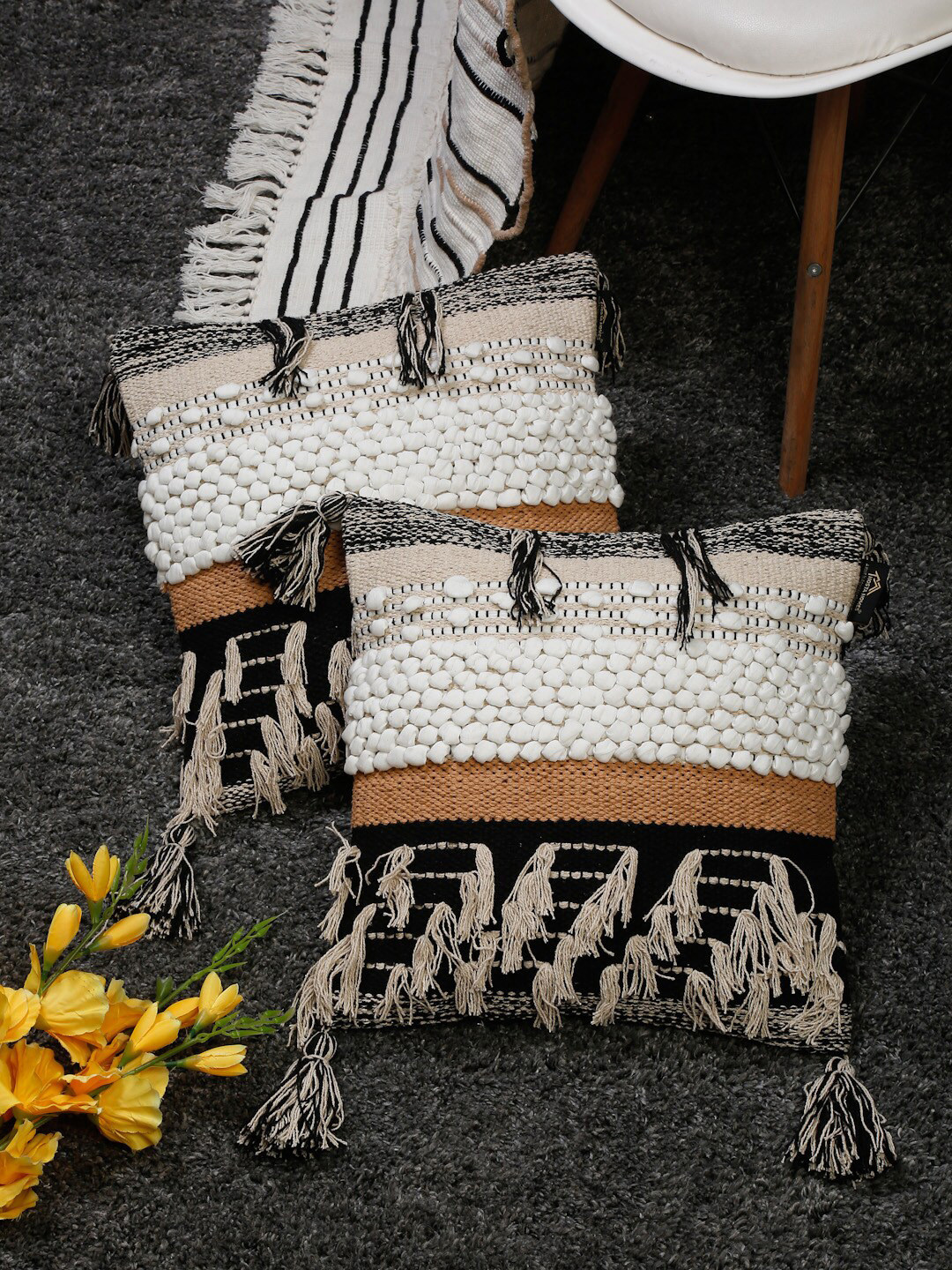 HOSTA HOMES Black & Cream-Coloured Set of 2 Geometric Velvet Square Cushion Covers