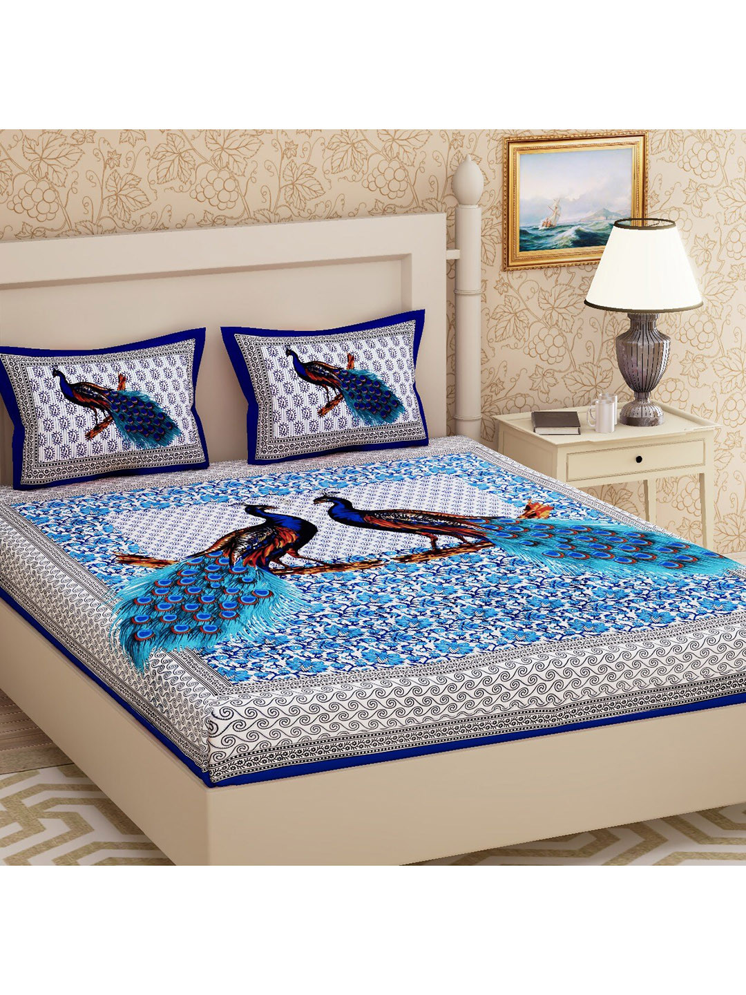 Urban Magic Blue Conversational Cotton 104 TC Queen Coarse Bedsheet with 2 Pillow Covers-235 x 210 cm