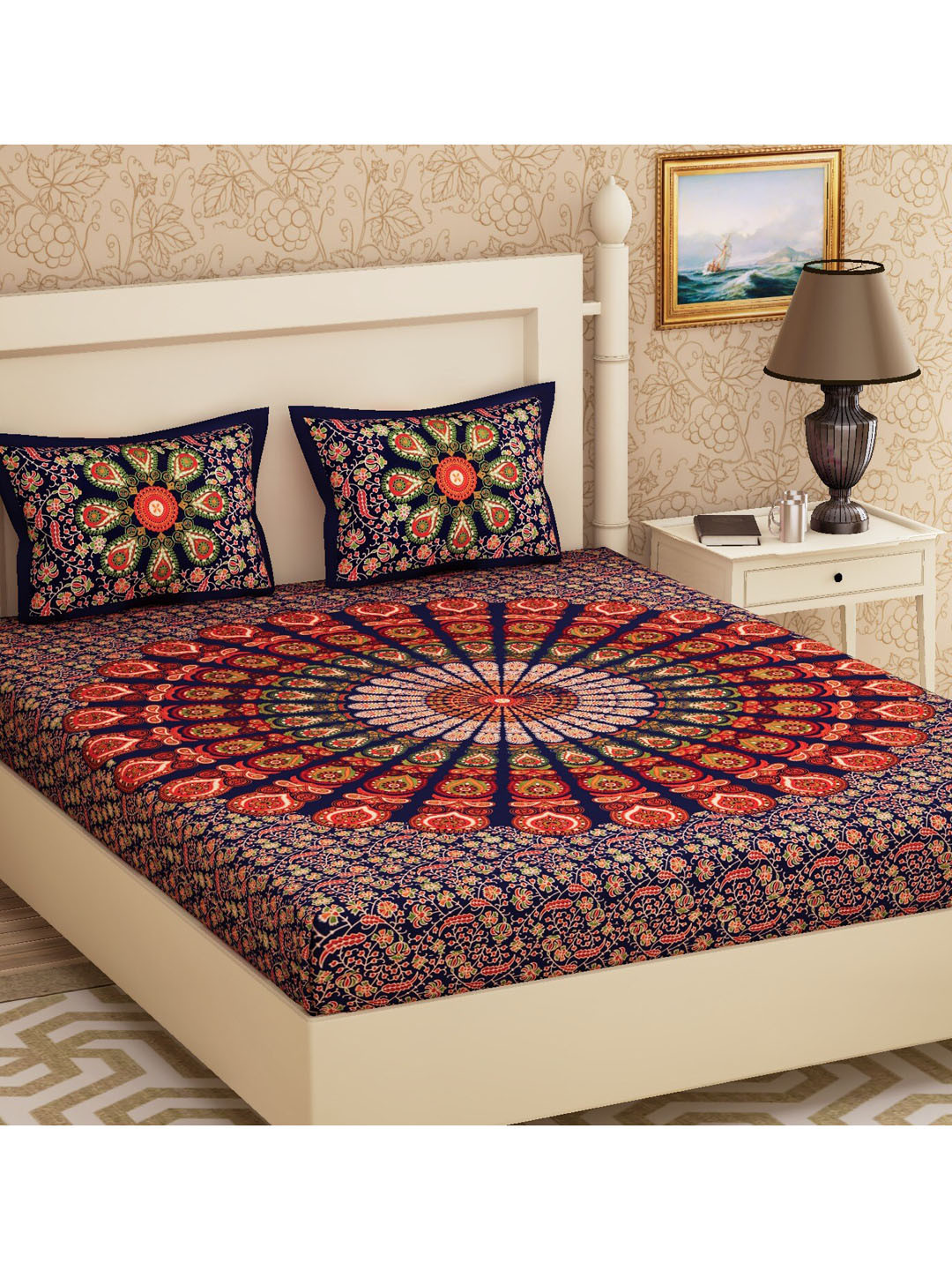 Urban Magic Rosebud Reversible Jamawar Blue Ethnic Motifs Cotton 104 TC Queen Coarse Bedsheet with 2 Pillow Covers-93 x 83 inches