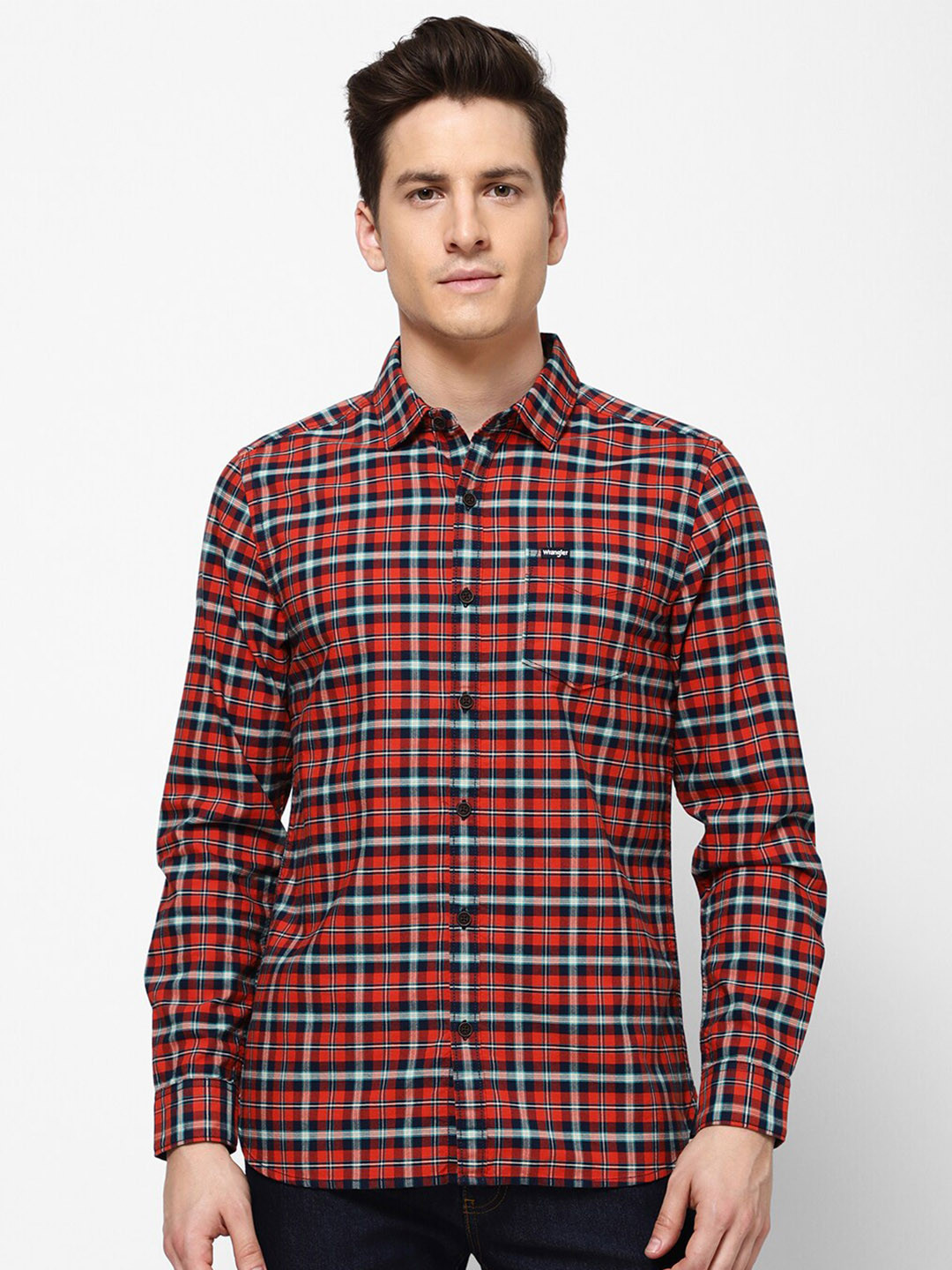 Wrangler Men Orange Slim Fit Checked Casual Shirt