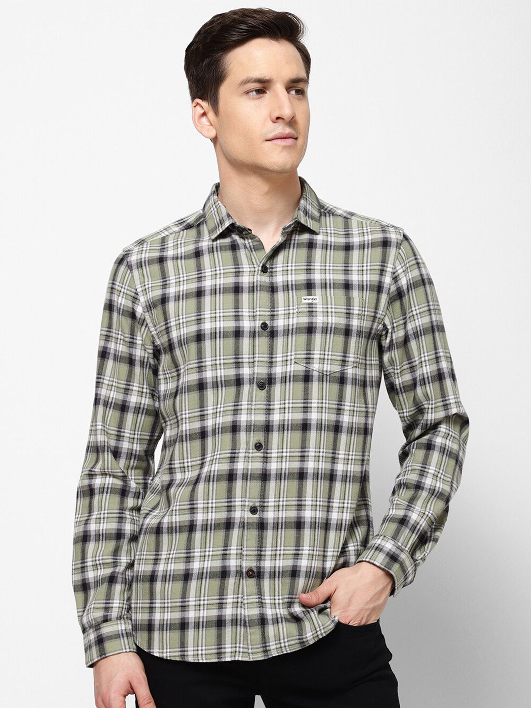 Wrangler Men Green Tartan Checks Casual Shirt